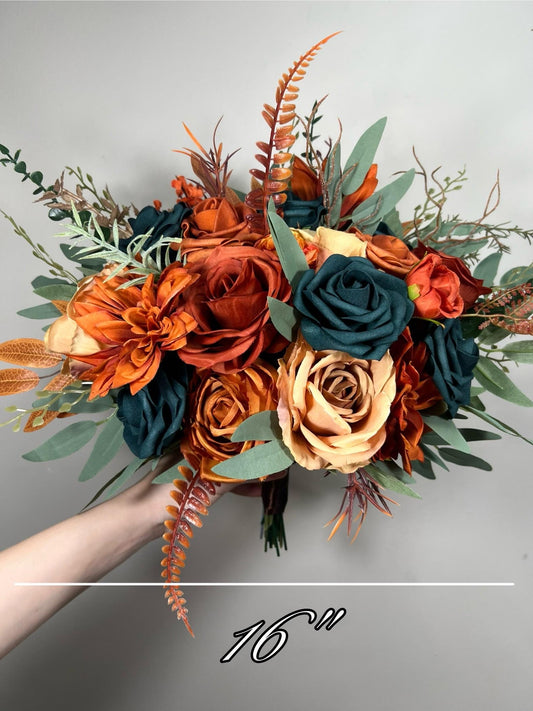 Teal Orange Bouquet Wedding Bridal Terracotta Dark Teal Bridesmaids Bouquet Rust Teal Blue Fall Bouquet Sage Eucalyptus Artificial Flower