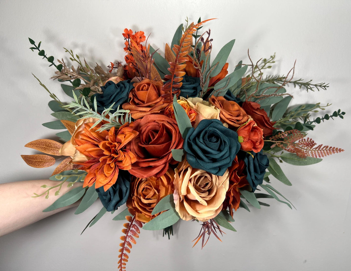 Teal Orange Bouquet Wedding Bridal Terracotta Dark Teal Bridesmaids Bouquet Rust Teal Blue Fall Bouquet Sage Eucalyptus Artificial Flower