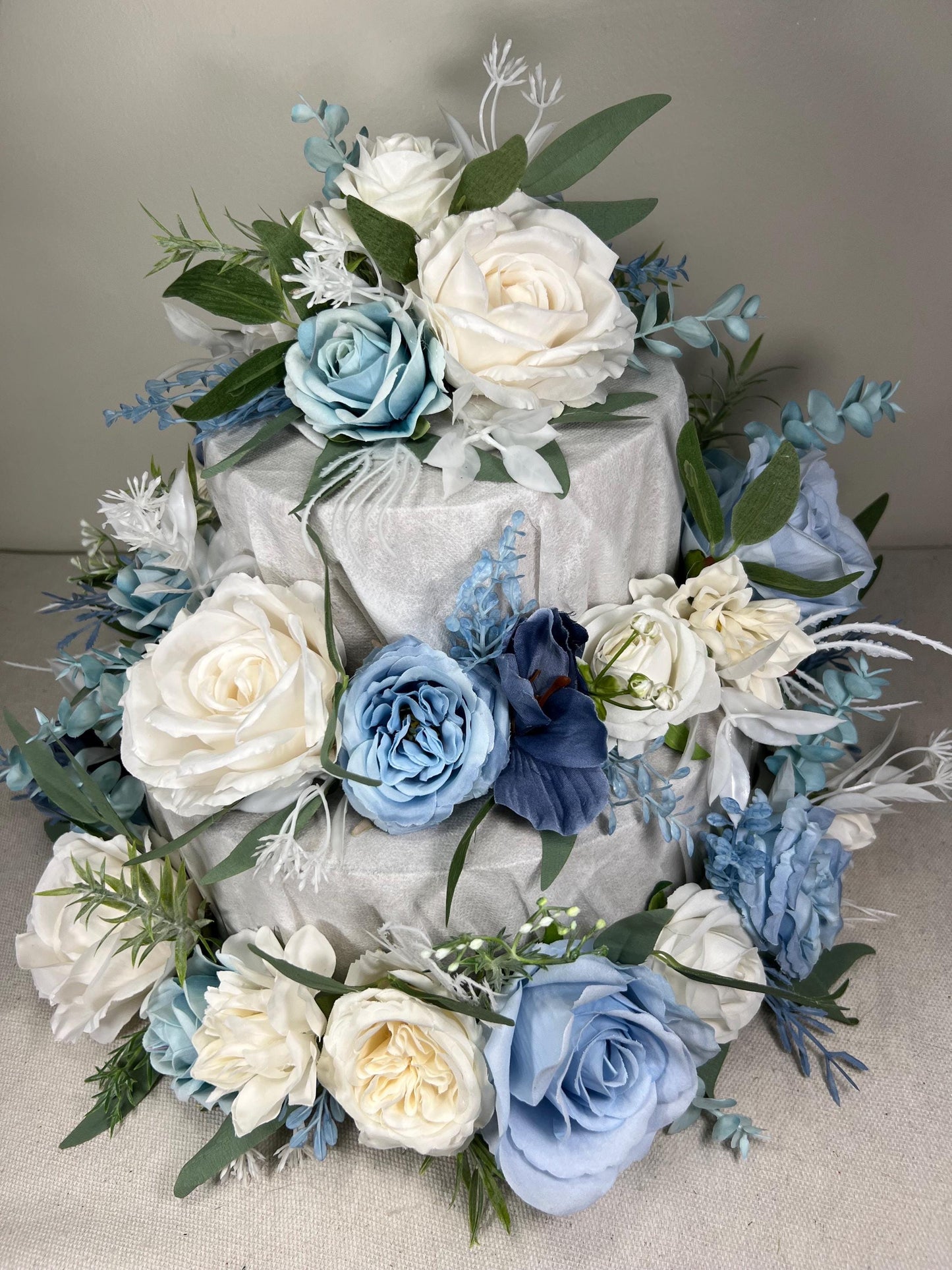 Blue Cake Decor Wedding White Cake Flowers Artificial Dusty Blue Ivory Cake Topper Sky Blue Flowers Eucalyptus White Cake Decor Silk Flowers