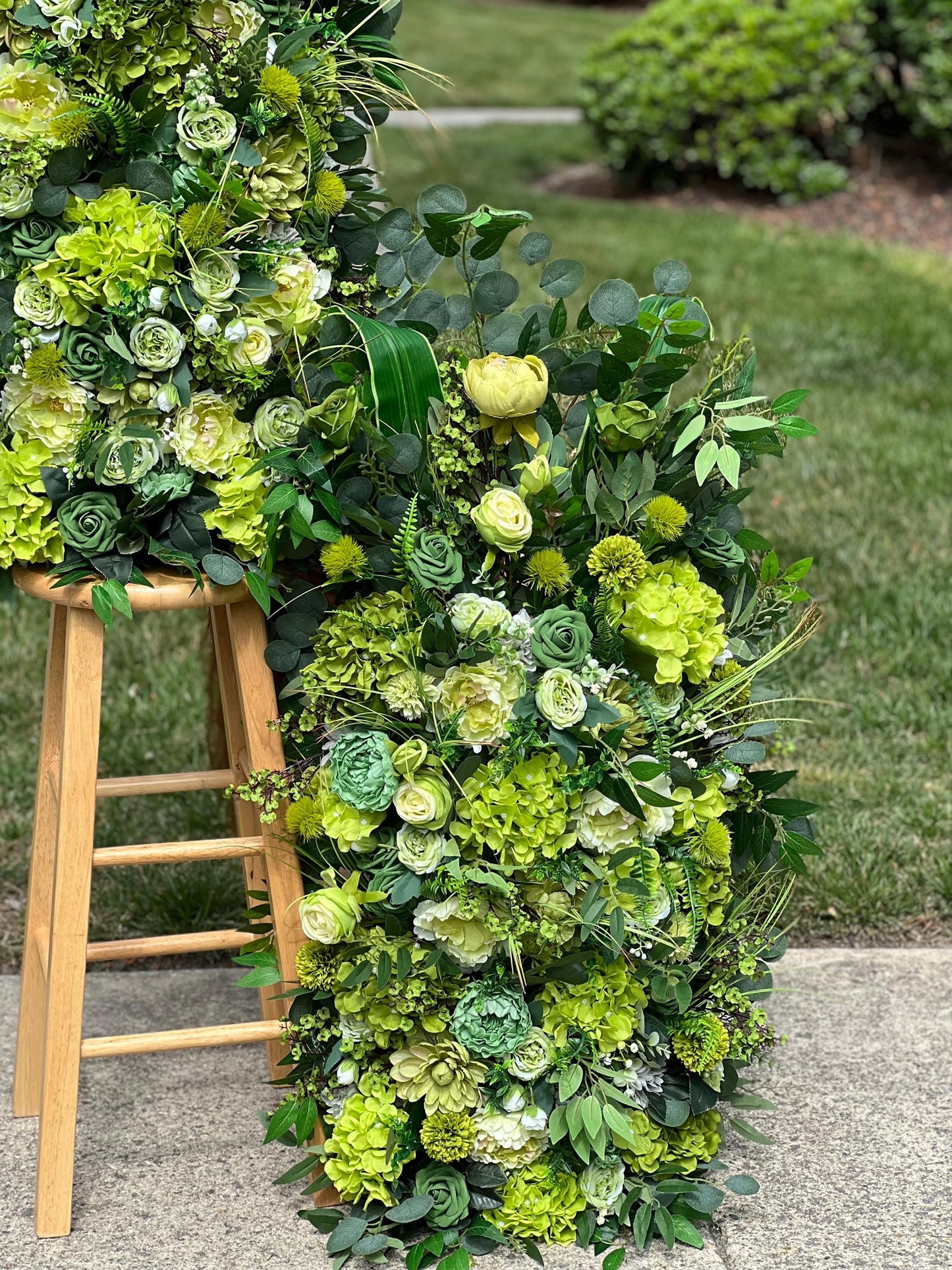 Wedding Aisle Marker Flower Floor Arrangement Barrel Décor Grass Green Flowers Greenery Ground Arch Eucalyptus