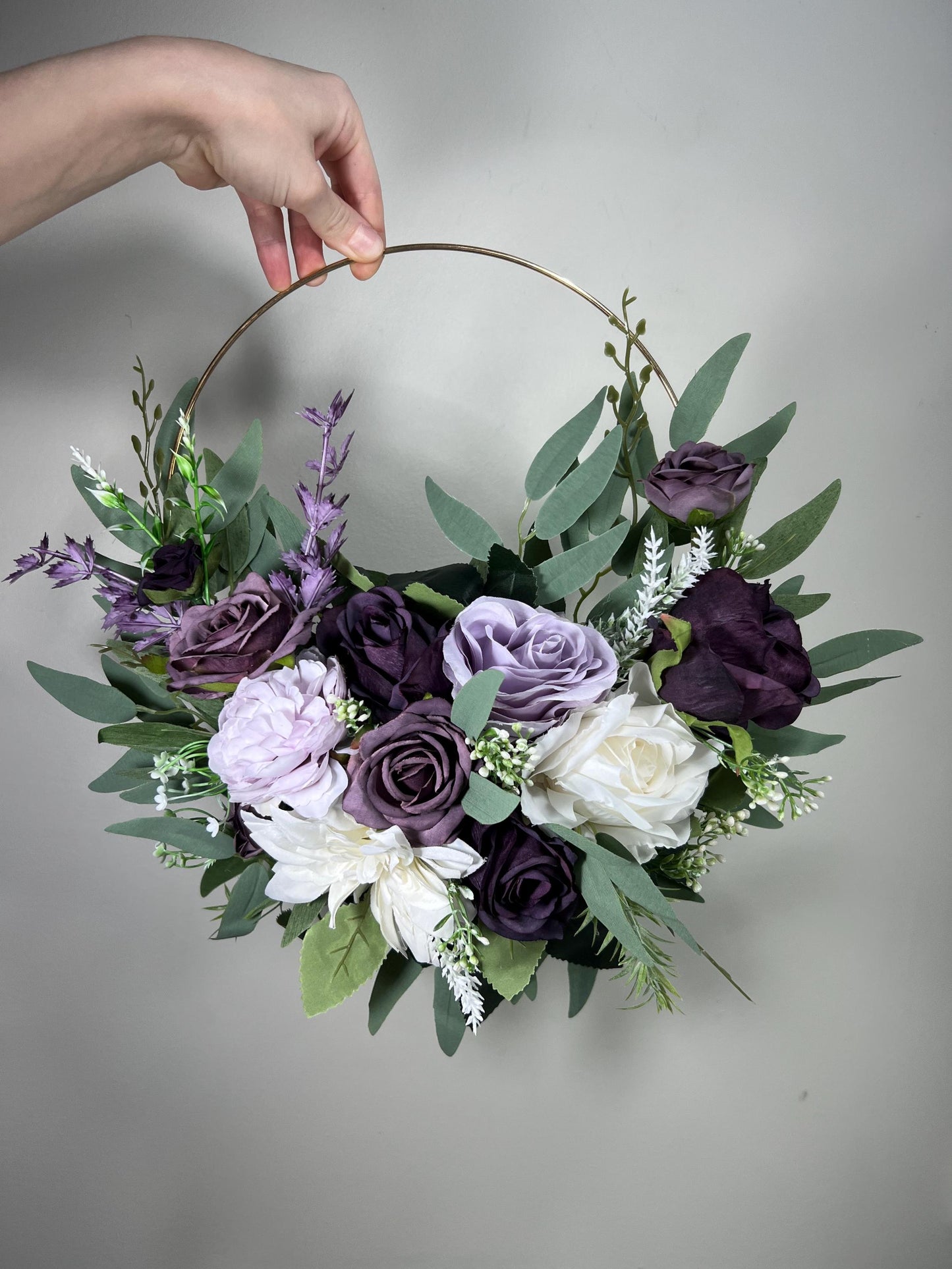 Lavender Hoop Wedding Flower Girl Plum White Hoop Flower Alternative Bouquet Dark Purple Ivory Bridesmaids Hoop Eucalyptus Artificial Flower