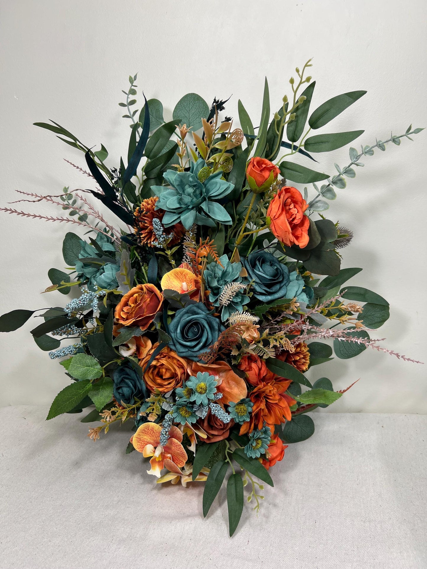 Wedding Aisle Marker Flower Floor Arrangement Whiskey Barrel Décor Teal Terracotta Blue Rust Ground Arch Rustic Burnt Orange Eucalyptus