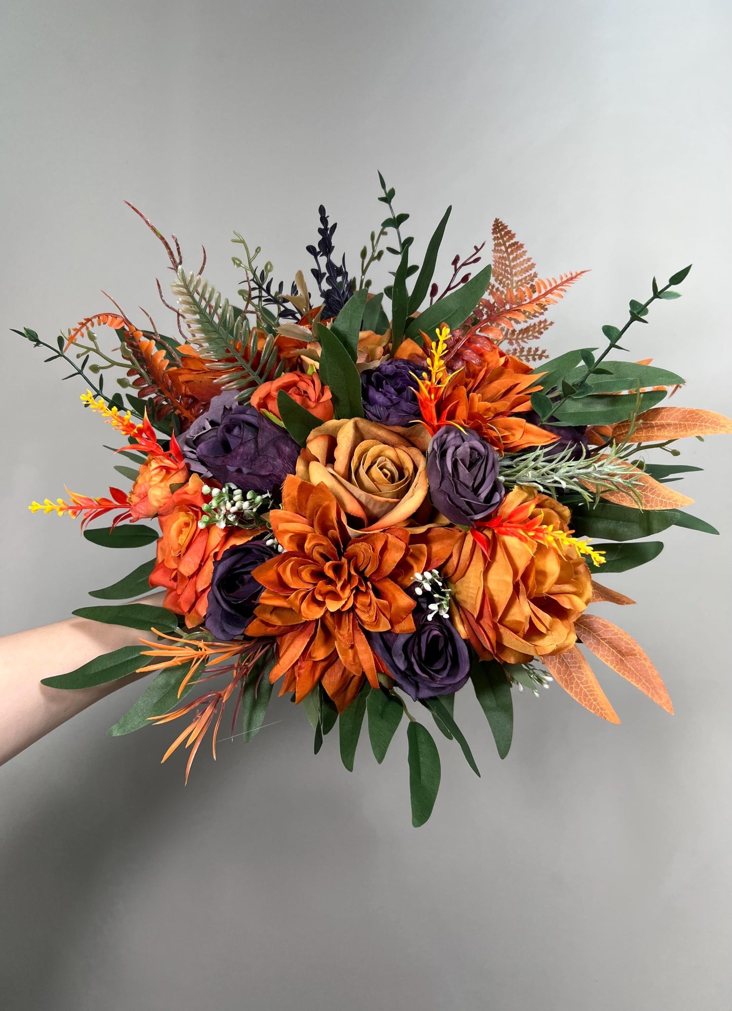 Burnt Orange Purple Bouquet Wedding Fall Plum Bridal Bouquet Terracotta Deep Purple Bouquet Bridesmaids Rust Sunset Artificial Flowers