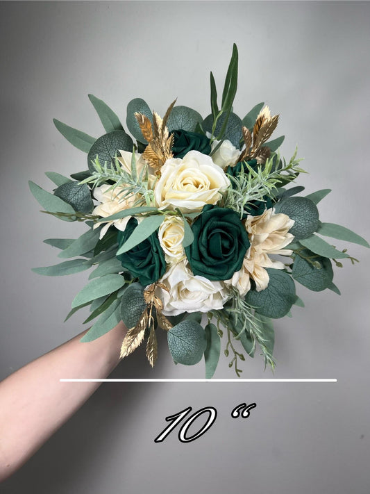 Emerald Green Champagne Bouquet Bridal Ivory Hunter Green Bridesmaids Bouquet Emerald Green Forest Cream Cascading Bouquet Gold Artificial