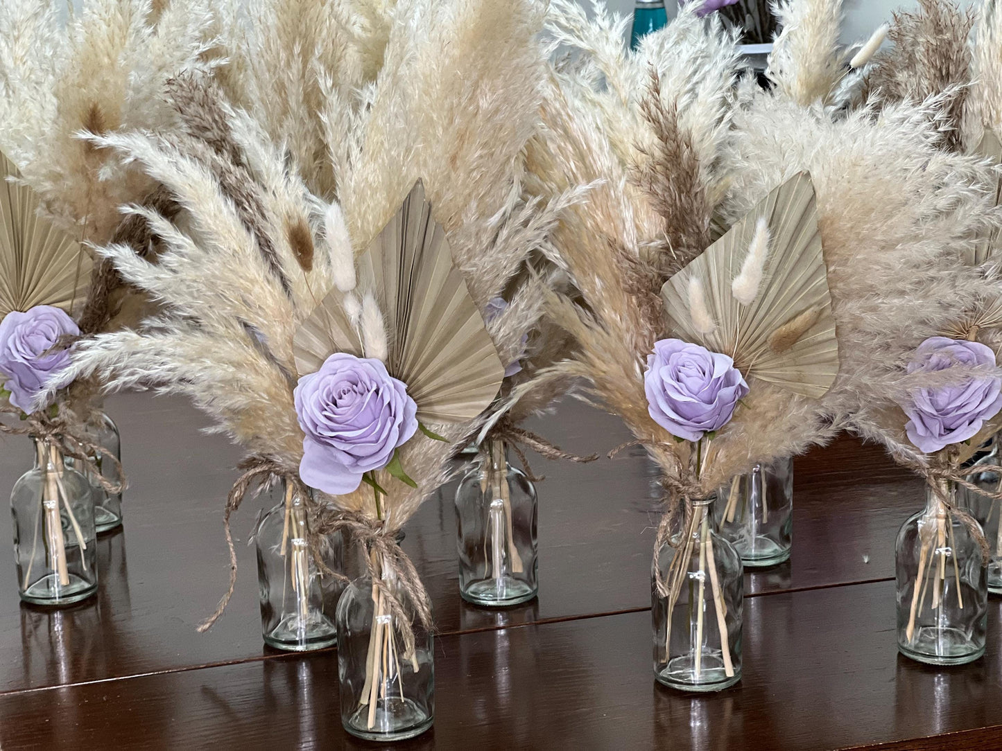 Wedding Centerpiece Lavender Boho Table Décor Centerpiece Palm Leaf Pampas Grass Lilac Artificial Flower Table Centerpiece Small Purple