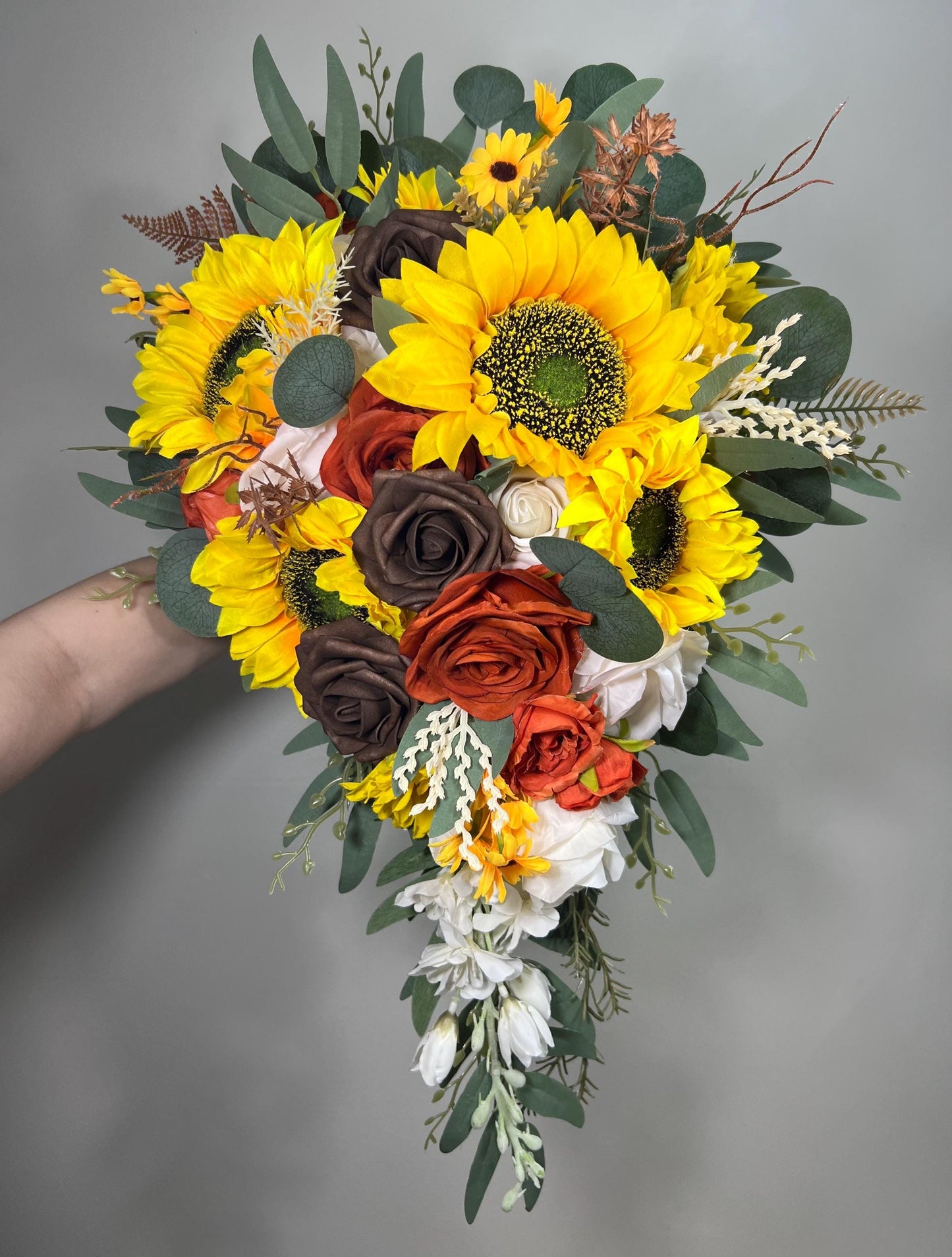 Sunflower Bouquet Wedding Bridal Sunflowers Cascading Bouquet Terracotta Brown White Bridesmaids Cascade Bouquet Rust Burnt Orange Bouquet