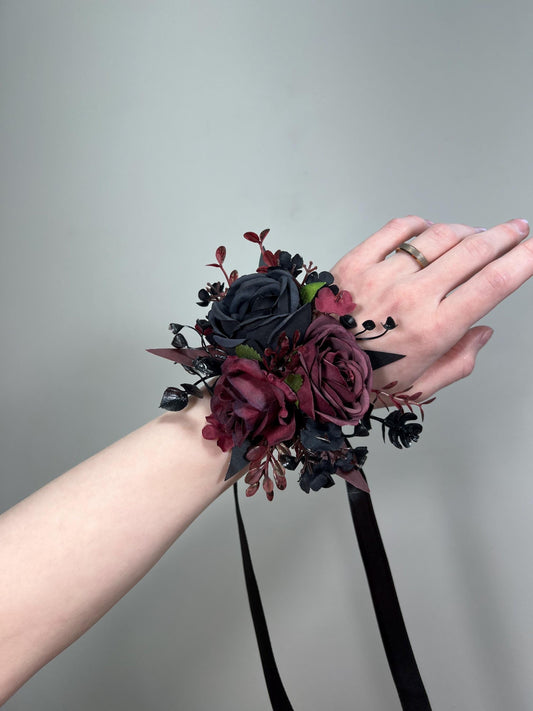 Black Corsage Burgundy Wedding Gothic Wrist Corsage Bridesmaids Corsage Mom Maroon Black Burgundy Corsage Wine Red Artificial Flower