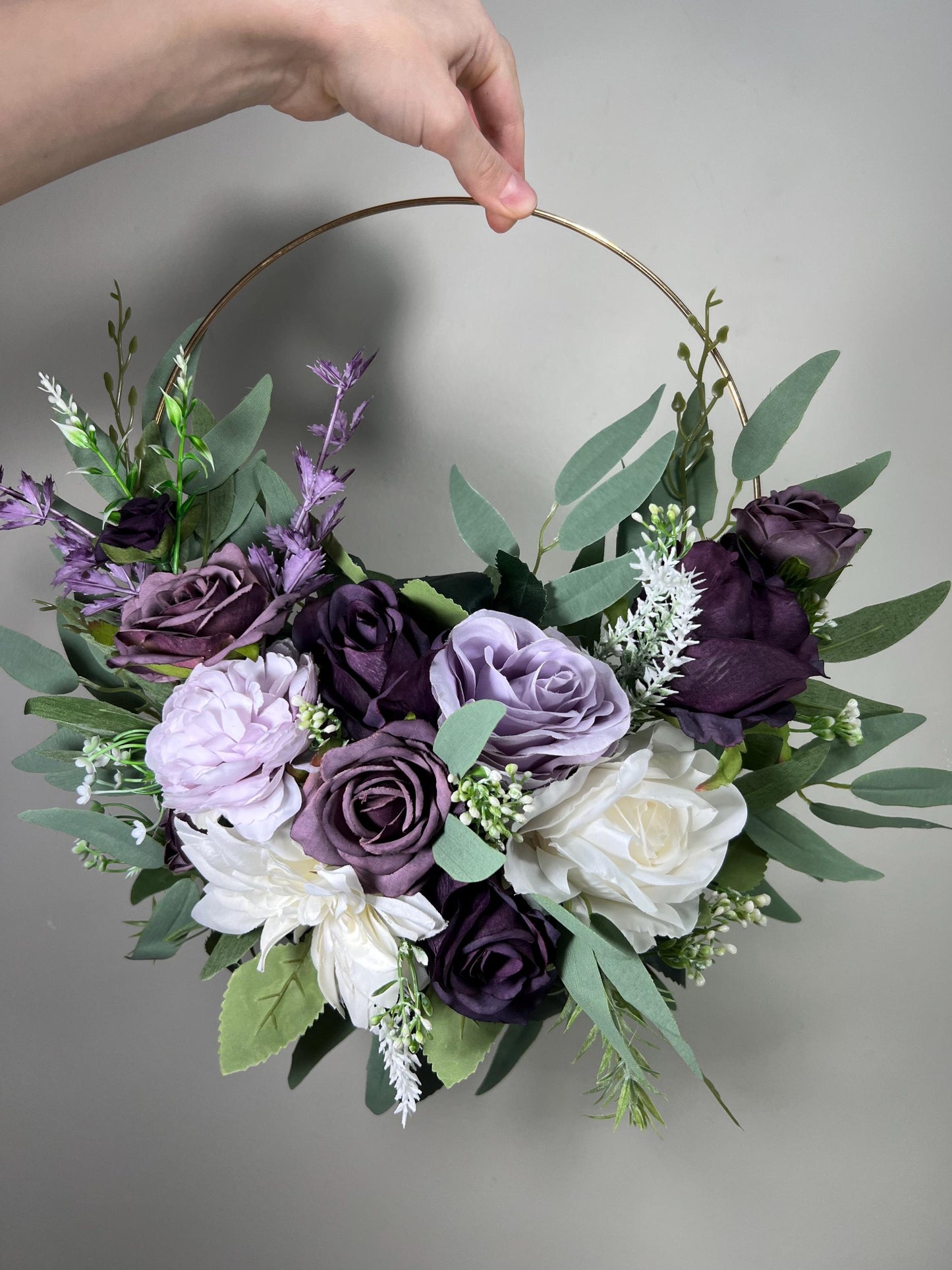 Lavender Hoop Wedding Flower Girl Plum White Hoop Flower Alternative Bouquet Dark Purple Ivory Bridesmaids Hoop Eucalyptus Artificial Flower