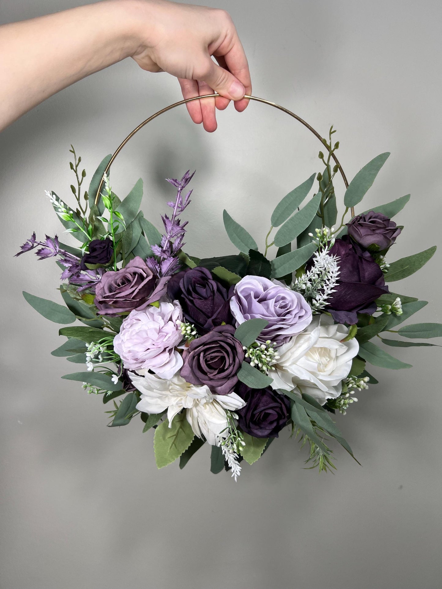 Lavender Hoop Wedding Flower Girl Plum White Hoop Flower Alternative Bouquet Dark Purple Ivory Bridesmaids Hoop Eucalyptus Artificial Flower