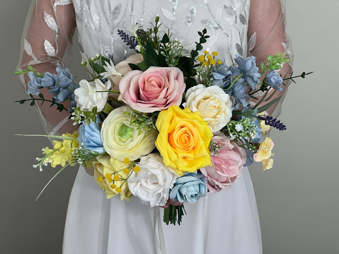 Yellow Pink Blue Bouquet Wedding Summer Bridal Bouquet Pastel Bridesmaids Bouquet Peony Bouquet Ranunculus Colorful Bouquet Artificial