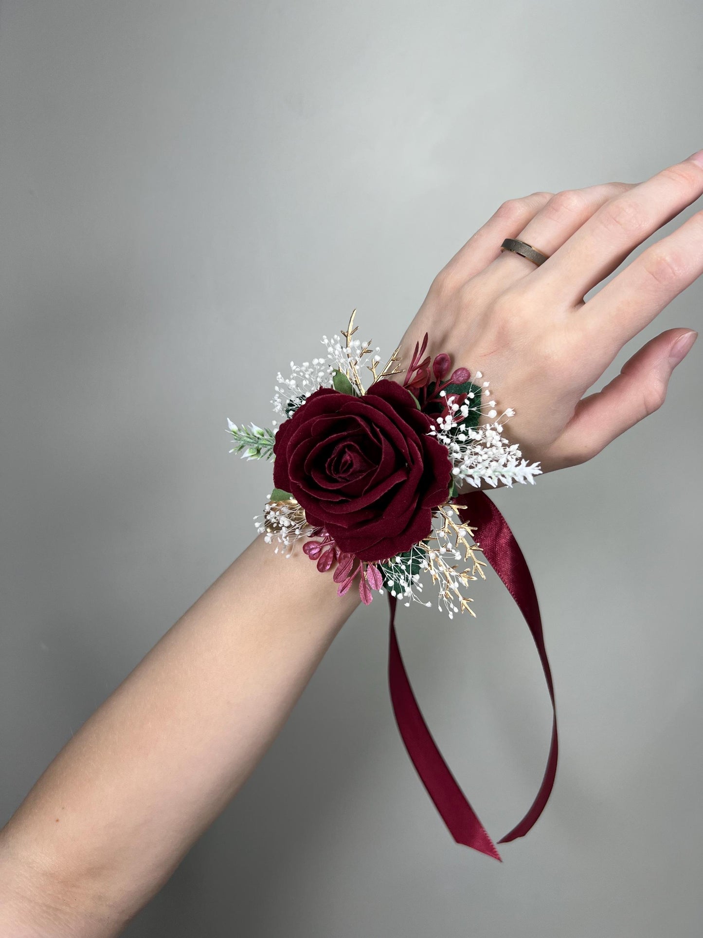 Burgundy Corsage Wedding Wrist Corsage Burgundy Rose Corsage Gold Bridesmaids Baby Breath Corsage Wine Red Prom Maroon Rose Artificial