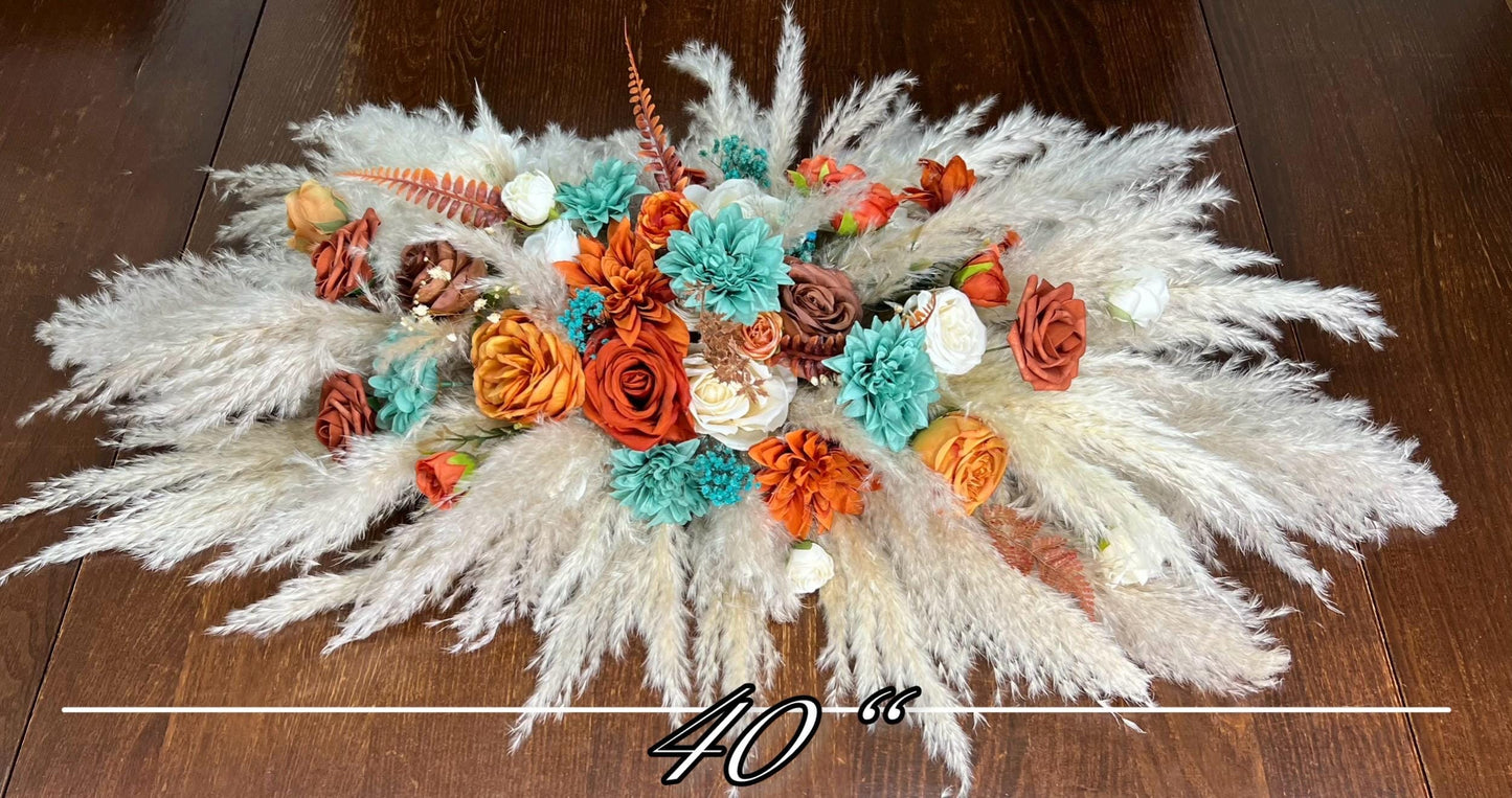 Turquoise Terracotta Sweetheart Wedding Boho Burnt Orange Teal Decor Pampas Grass White Teal Blue Rust Decor Table Centerpiece Artificial