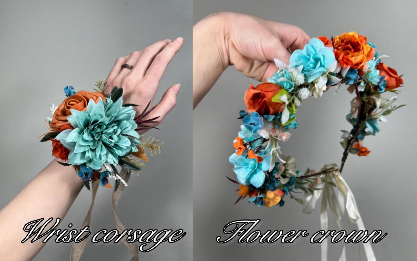 Teal Orange Bouquet Wedding Bridal Cascade Bouquet Boho Turquoise Burnt Orange Bouquet Cascading Teal Blue Aqua Terracotta Rust Bouquet Teal