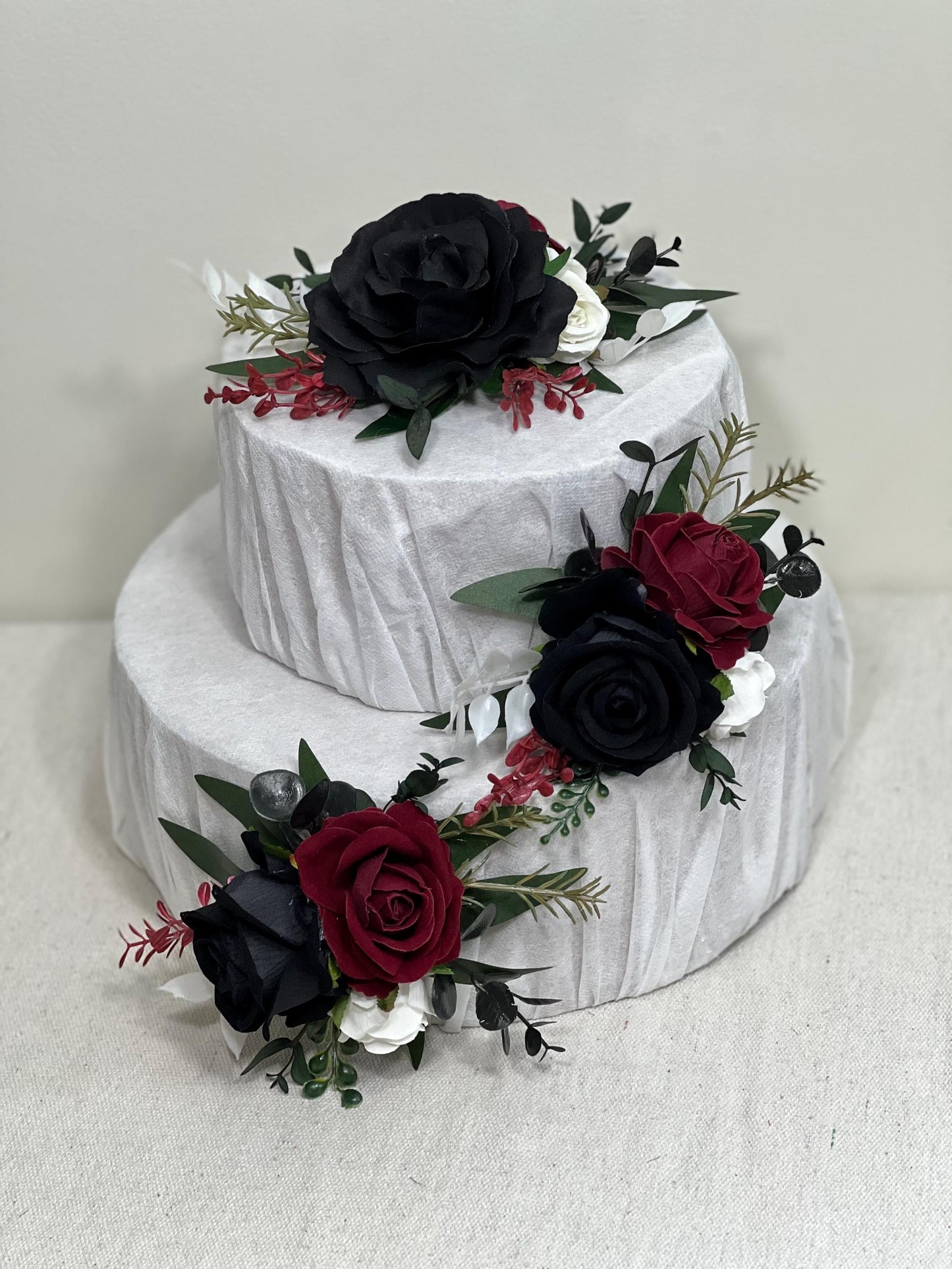 Black Burgundy White Cake Decoration Wedding Flower Artificial Maroon Black Topper Cake Decor Wine Red Ivory Black Gothic Cake Arrangement