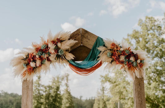 White Orange Turquoise Arch Arrangements Wedding Boho Burnt Orange Terracotta Teal Blue Arbor Arrangements Pampas Grass Rust Artificial