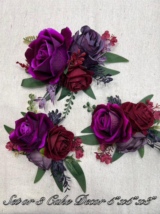 Purple Burgundy Cake Decoration Wedding Plum Flower Artificial Topper Cake Decor Royal Purple Dark Wine Red Flower Cake Arrangement Maroon