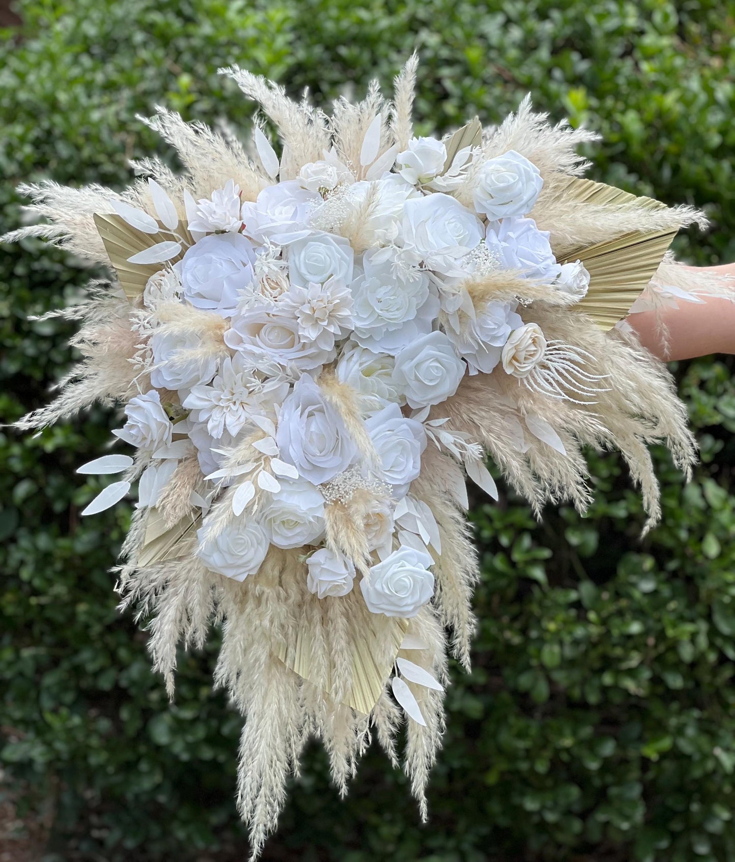 White Boho Arch Arrangements Pampas Grass Ivory Palm Leaves Arbor Arrangement Beige Ceremony Arch White Background Dried Pampas Grass