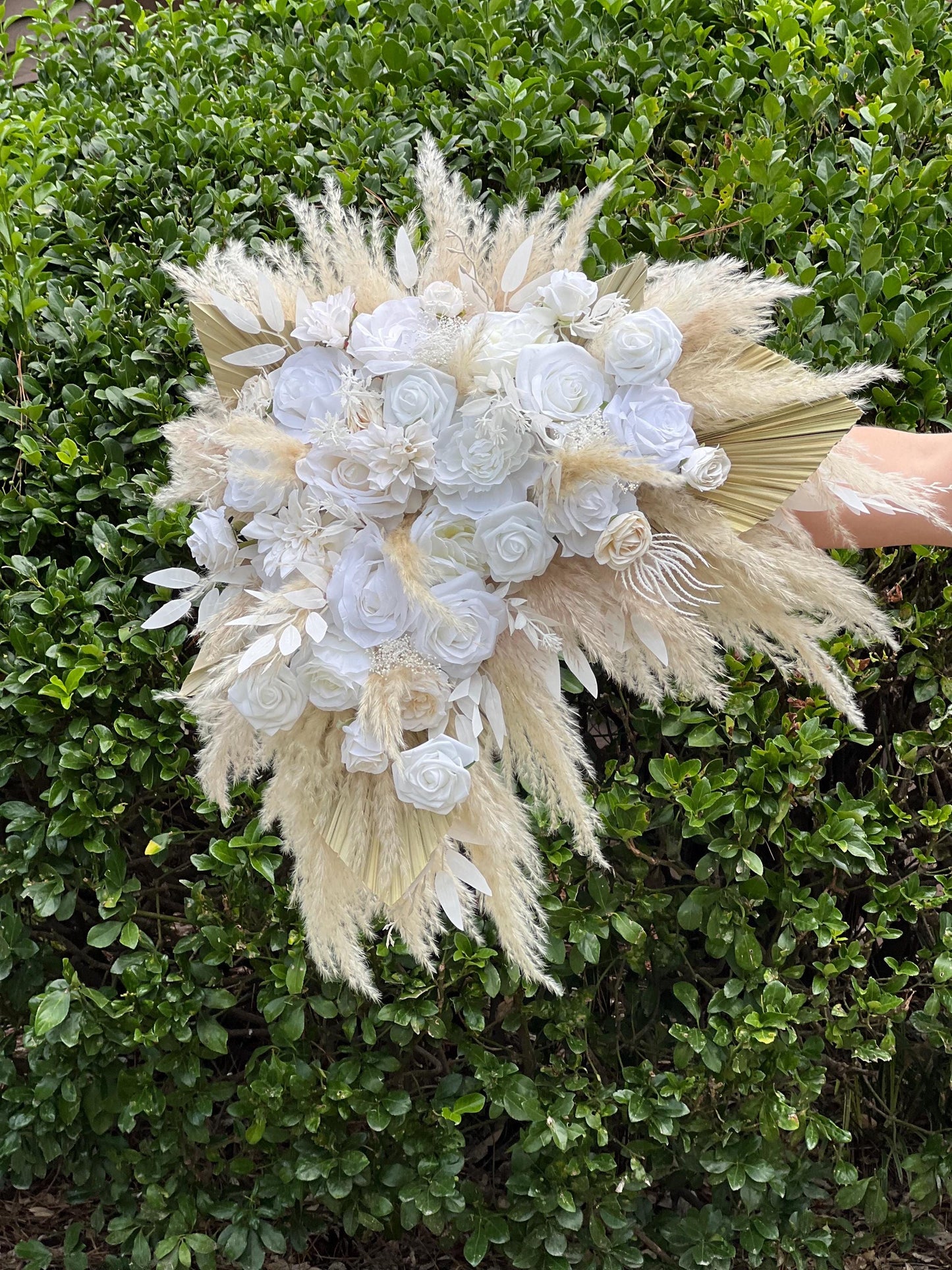 White Boho Arch Arrangements Pampas Grass Ivory Palm Leaves Arbor Arrangement Beige Ceremony Arch White Background Dried Pampas Grass