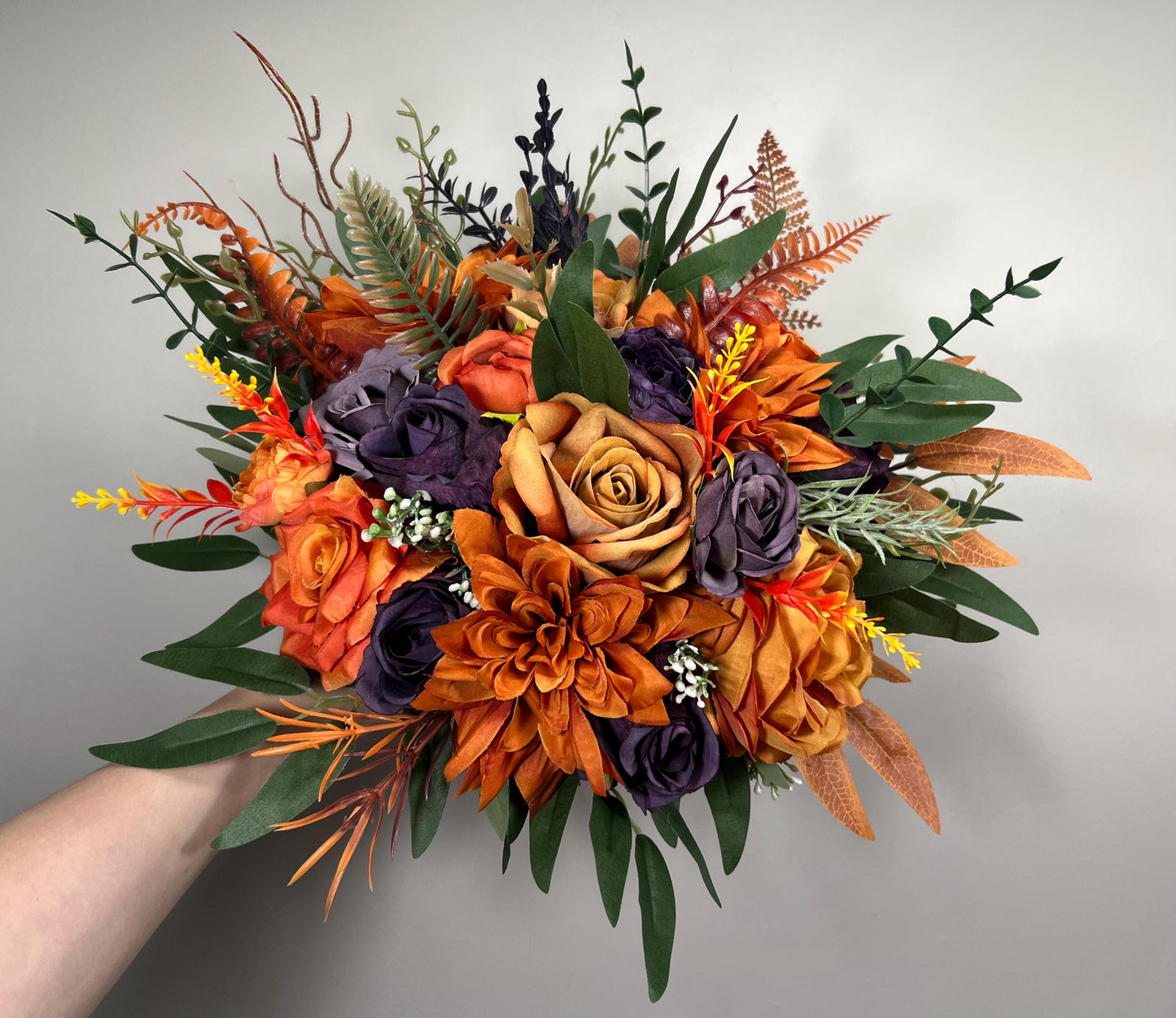 Burnt Orange Purple Bouquet Wedding Fall Plum Bridal Bouquet Terracotta Deep Purple Bouquet Bridesmaids Rust Sunset Artificial Flowers