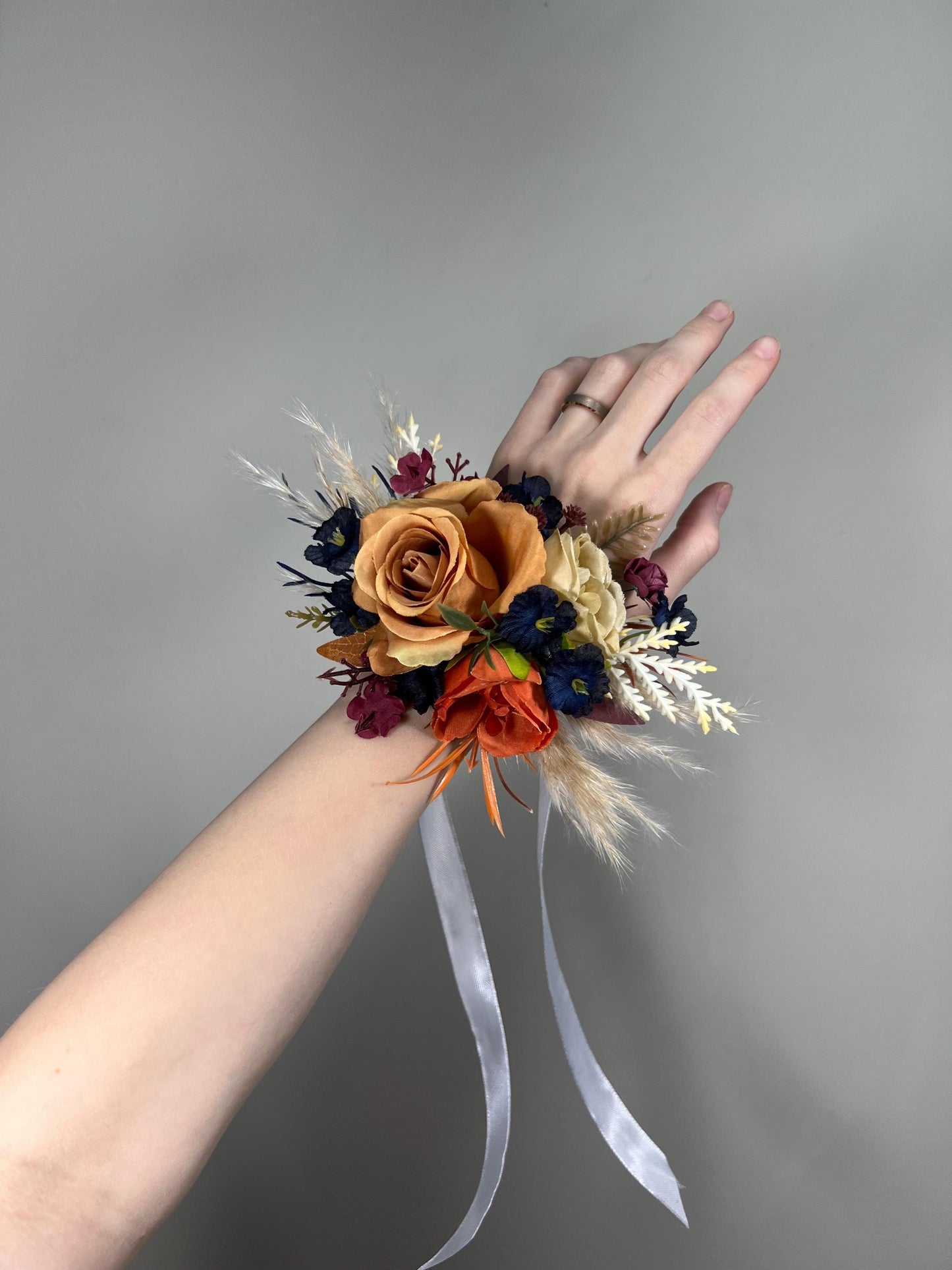 Orange Corsage Navy Blue Wedding Wrist Corsage Rust Burgundy Pampas Grass Corsage Bridesmaids Terracotta Boho Corsage Burnt Orange Navy Blue