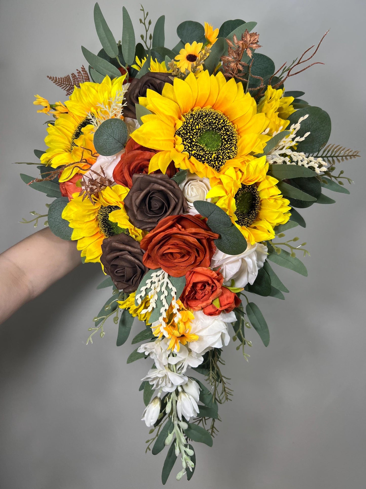 Sunflower Bouquet Wedding Bridal Sunflowers Cascading Bouquet Terracotta Brown White Bridesmaids Cascade Bouquet Rust Burnt Orange Bouquet