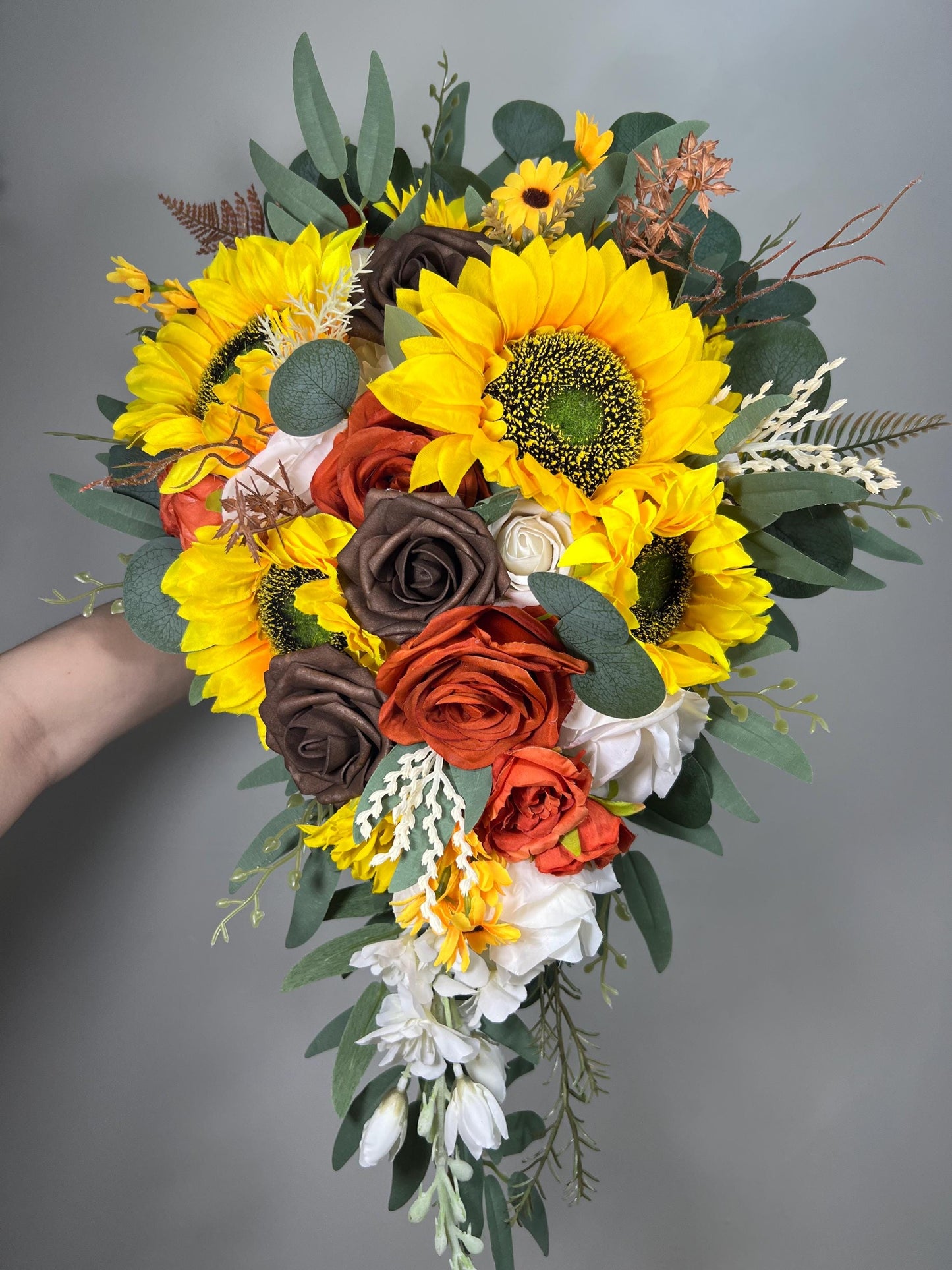 Sunflower Bouquet Wedding Bridal Sunflowers Cascading Bouquet Terracotta Brown White Bridesmaids Cascade Bouquet Rust Burnt Orange Bouquet