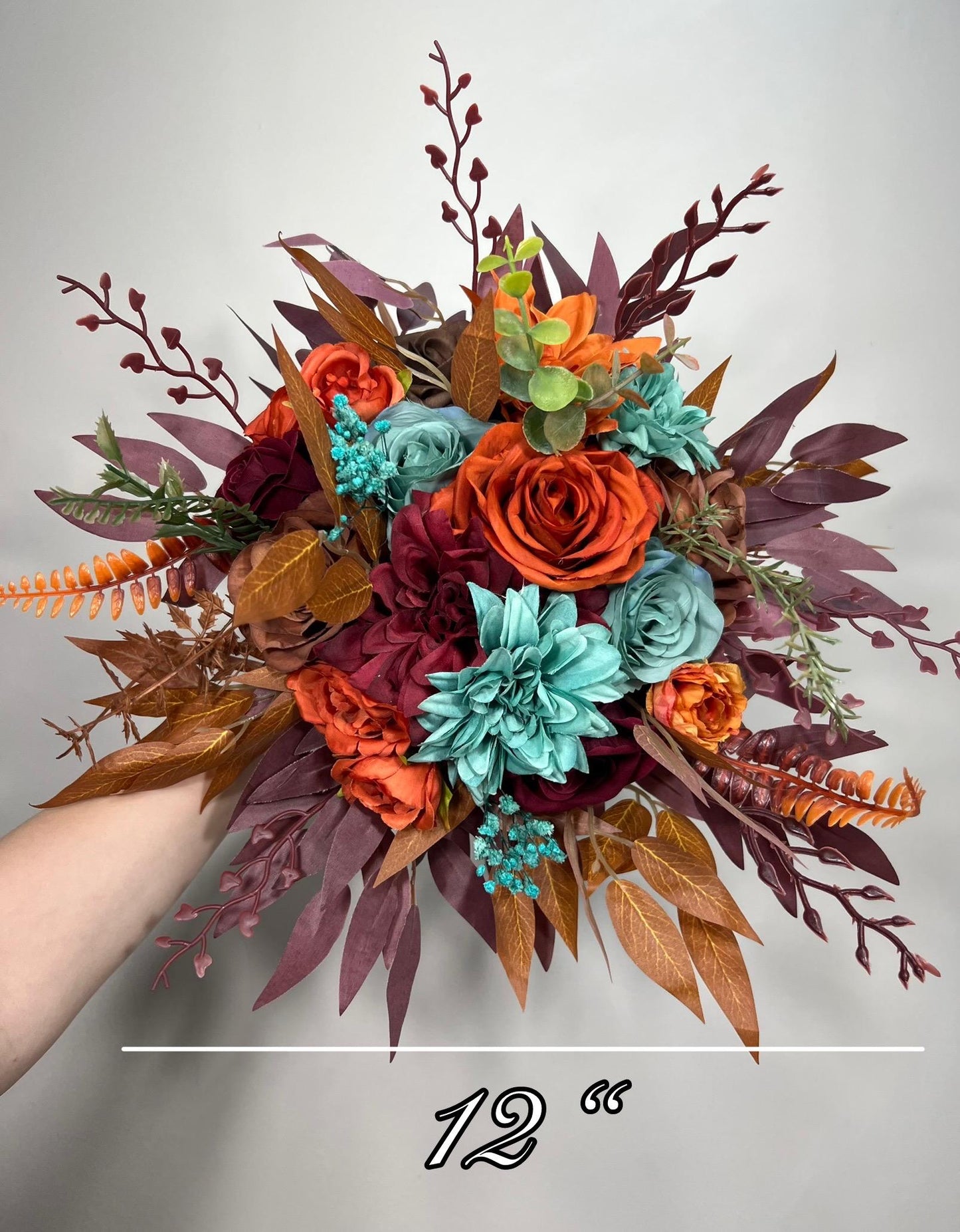 Teal Orange Burgundy Bouquet Bridal Turquoise Terracotta Wine Red Bridesmaids Bouquet Burnt Orange Teal Blue Maroon Artificial Flower