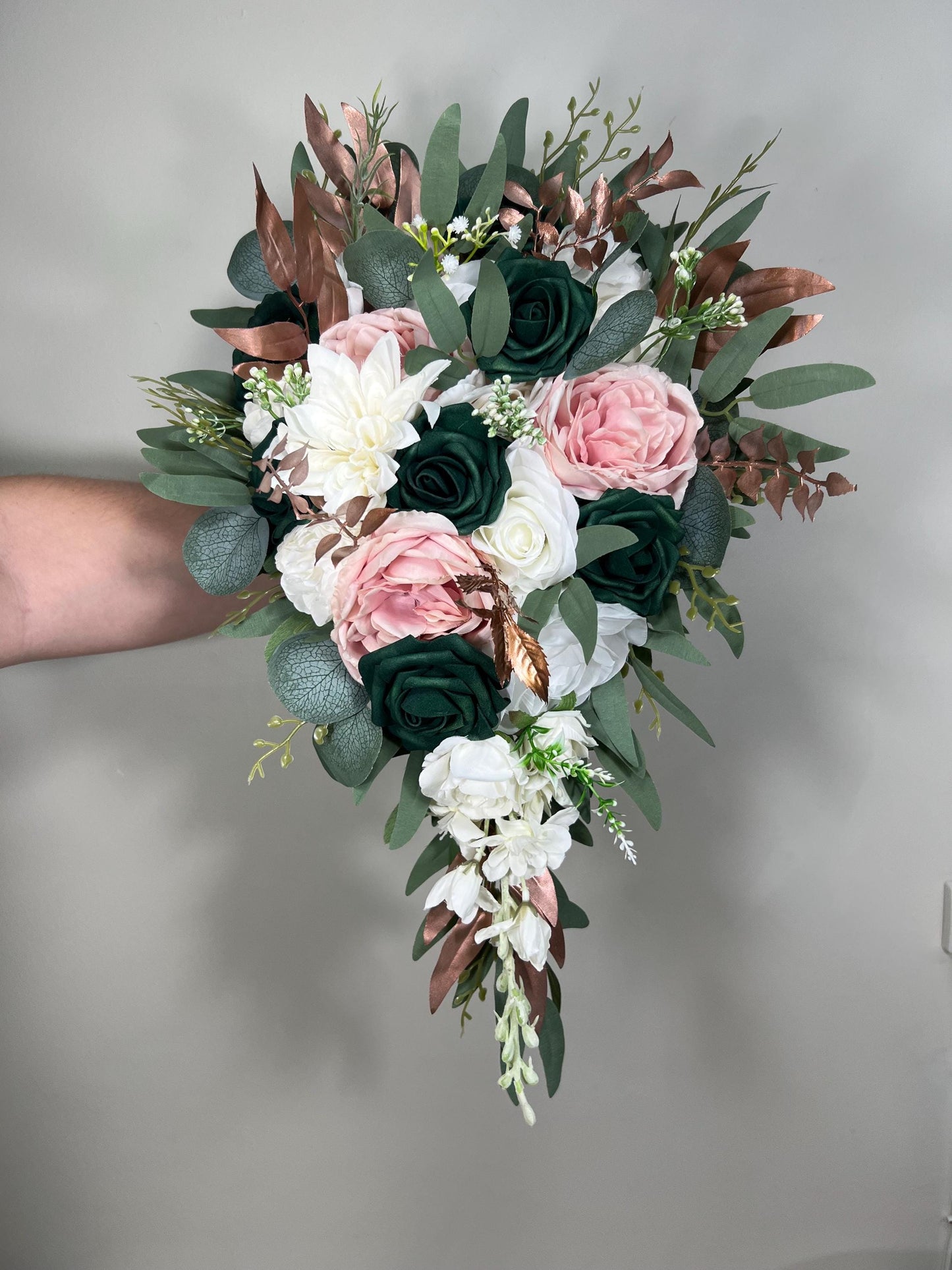 Emerald Green Bouquet Bridal Cascade White Blush Bridesmaids Bouquet Rose Gold Cascading Bouquet Ivory Hunter Green Forest Artiricial Flower