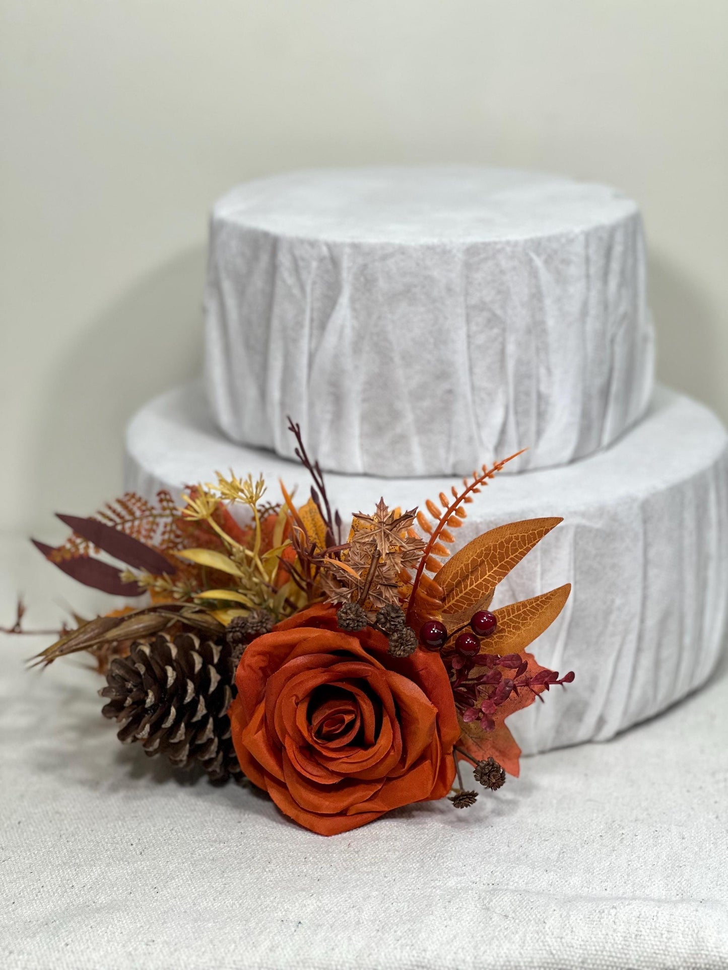 Fall Cake Decoration Wedding Burnt Orange Cake Flower Arrangement Pine Cone Rustic Cake Decor Artificial Flowers Terracotta Floral Cake