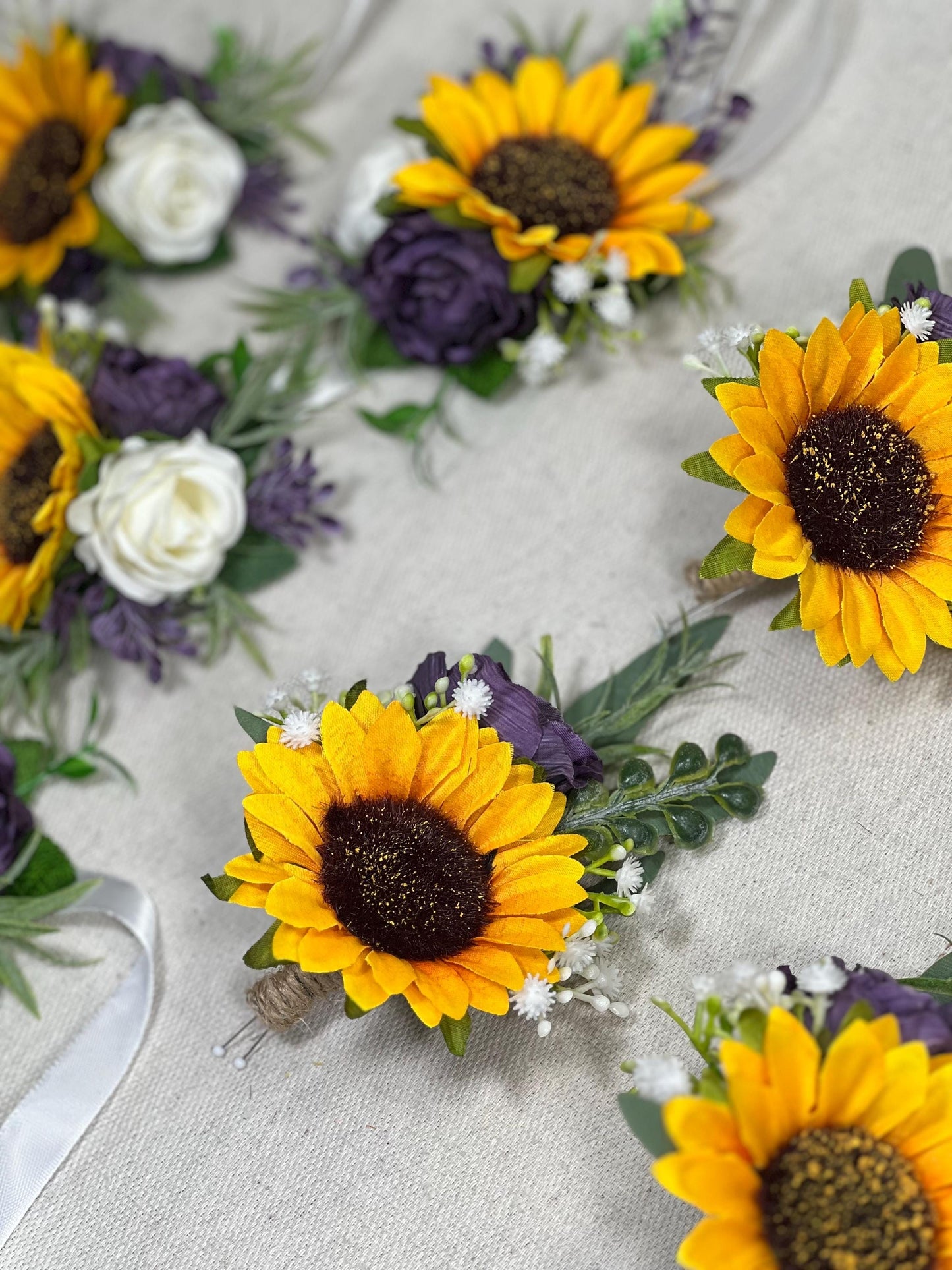 Sunflower Boutonnière Wedding Dark Purple Groom Boutonniere Yellow Sunflower Plum Baby Breath Groomsmen Boutonnieres White Sage Greenery