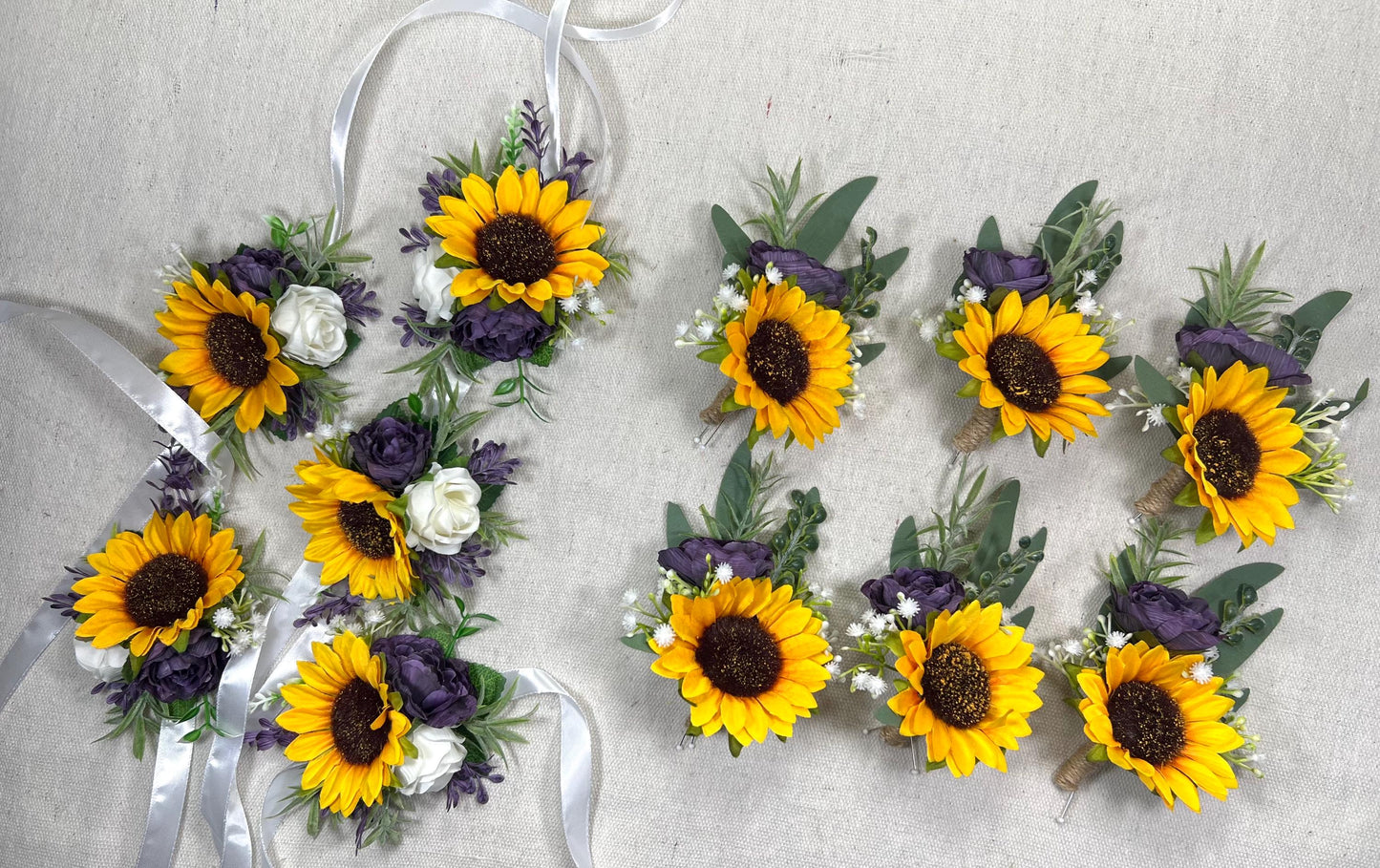 Sunflower Corsage Wedding Purple Wrist Corsage Yellow Sunflower Plum Baby Breath Bridesmaids Corsage Mom White Fall Sunflower Eucalyptus