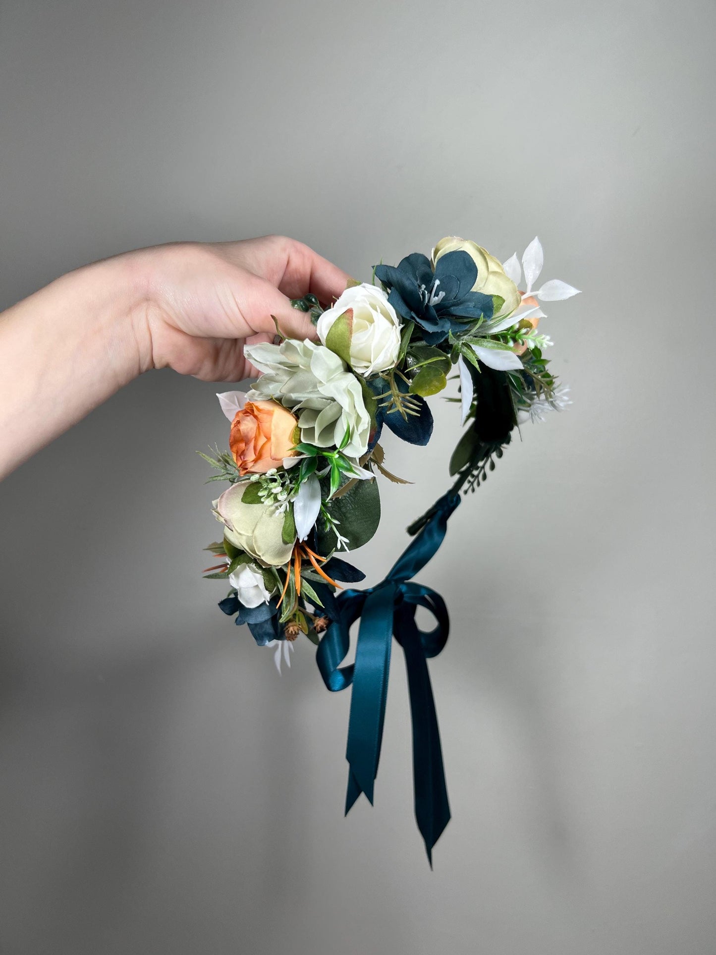 Teal White Flower Crown Wedding Dusty Teal Blue Sage Green Headband Ivory Terracotta Dark Teal Floral Crown Artiricial Flowers Dusty Sage
