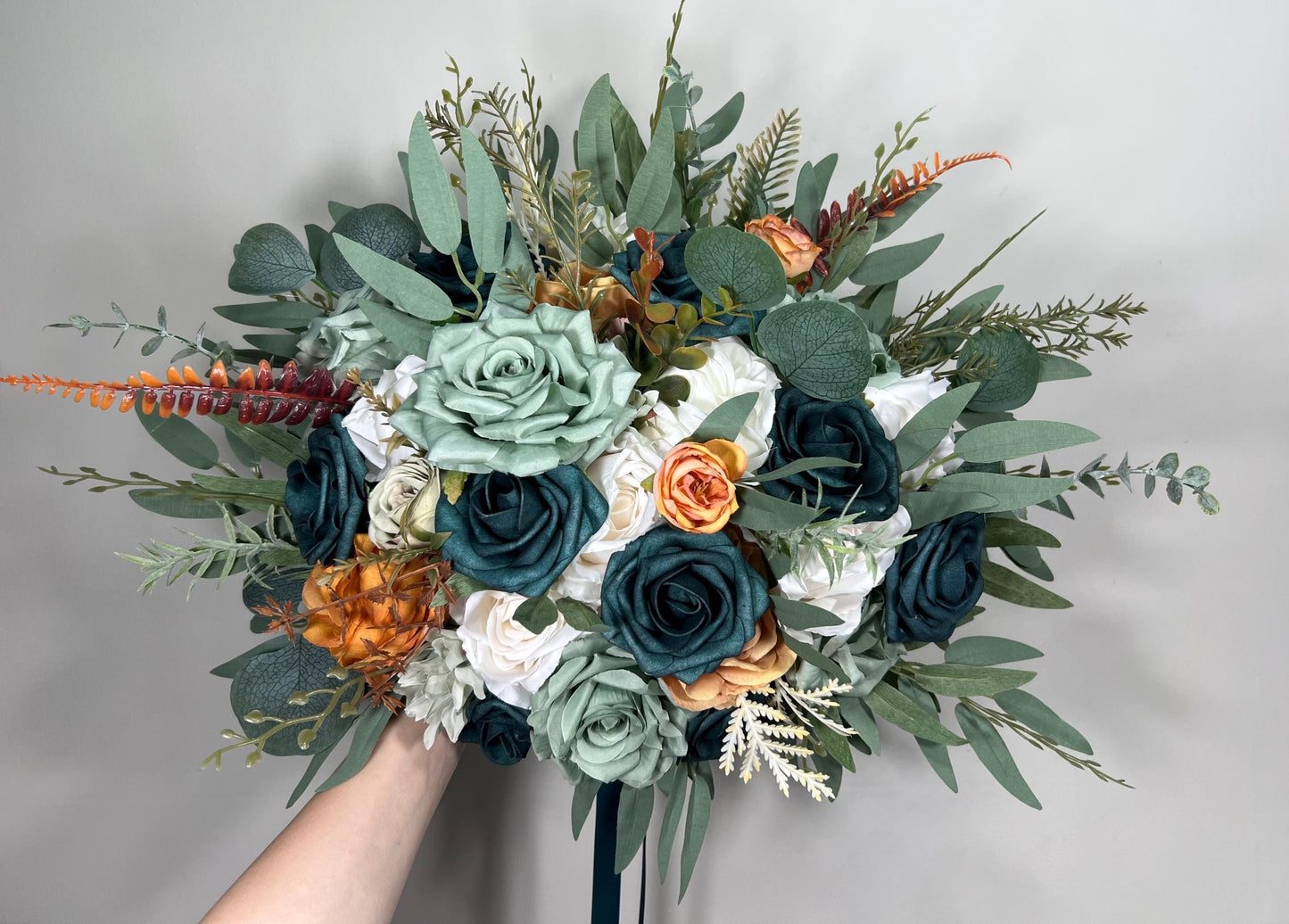 Teal Sage Green Bouquet Wedding White Dusty Teal Blue Bouquet Bridesmaids Dusty Sage Green Greenery Terracotta Ivory Teal Artiticial Flower
