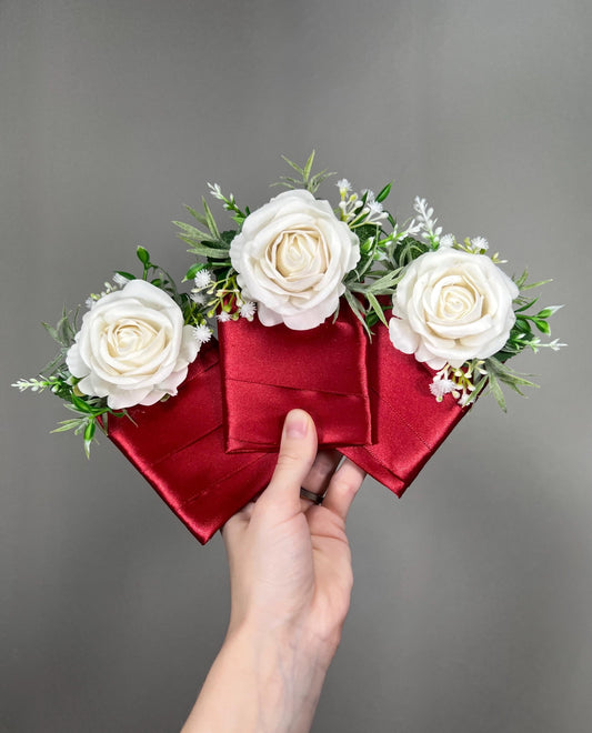 White Pocket Boutonniere Wedding White Rose Groom Ivory Boutonnières Groomsmen Red White Square Boutonnière Baby Breath Artificial Flower