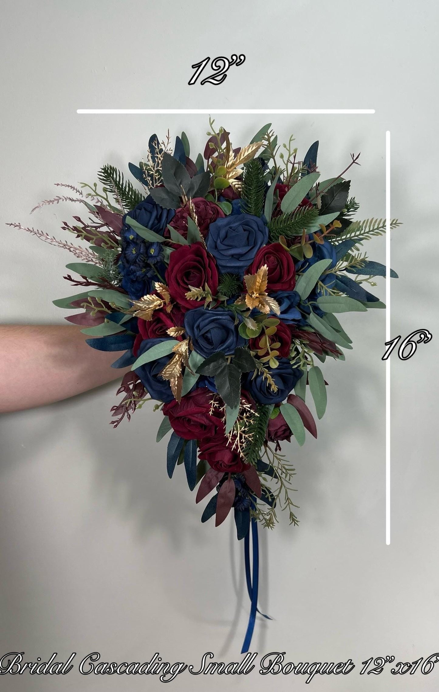 Winter Bouquet Burgundy Navy Blue Wedding Bouquet Bridal Cascading Wine Red Dark Blue Bouquet Cascade Bridesmaids Pine Tree Gold Artificial