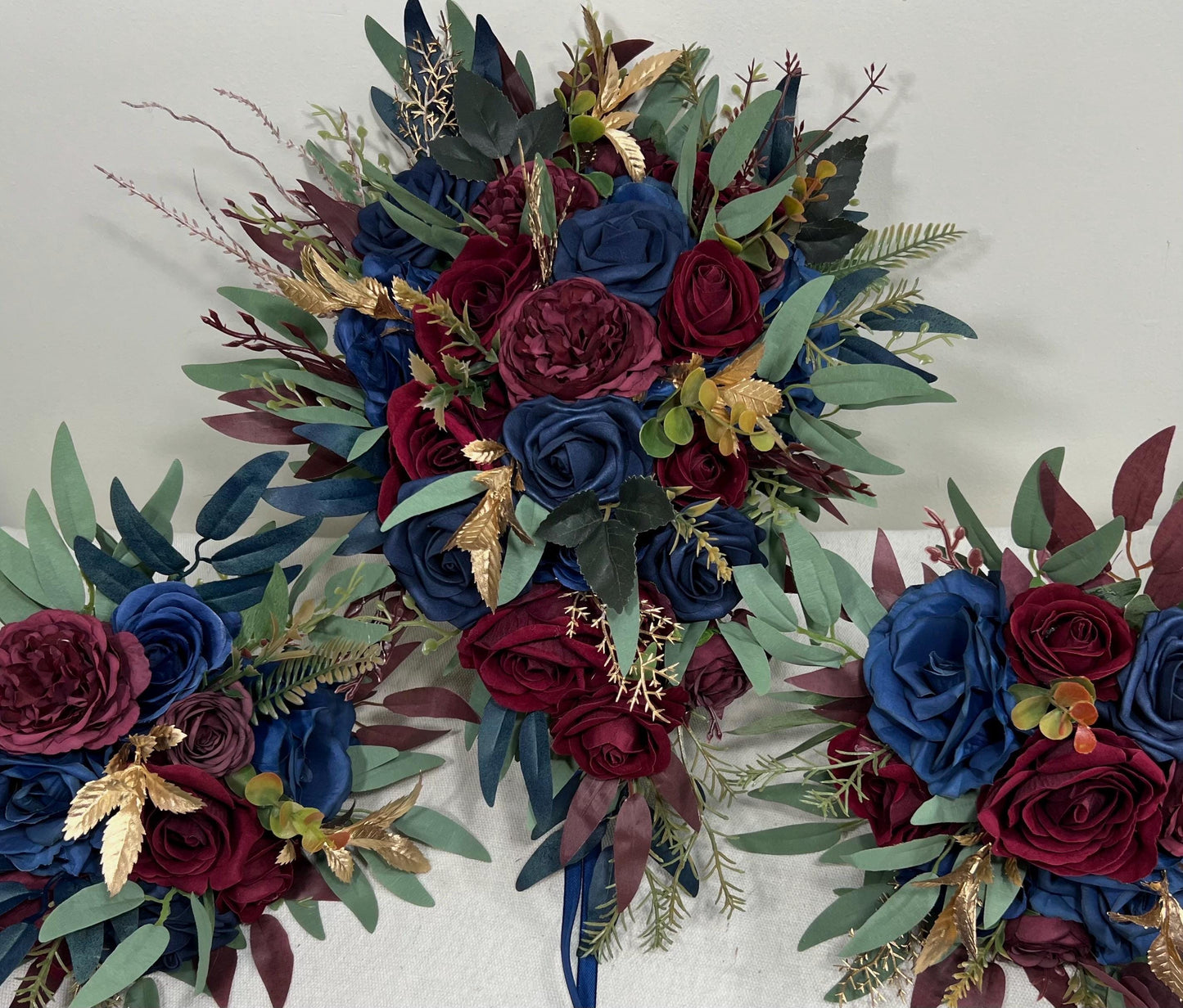 Winter Bouquet Burgundy Navy Blue Wedding Bouquet Bridal Cascading Wine Red Dark Blue Bouquet Cascade Bridesmaids Pine Tree Gold Artificial