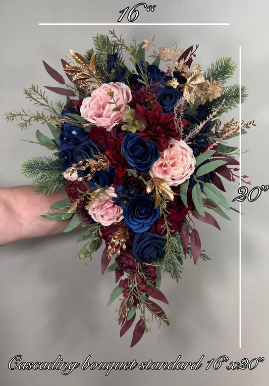 Burgundy Navy Blue Bouquet Cascade Wedding Bridal Bouquet Blush Navy Blue Burgundy Bouquet Bridesmaids Cascading Gold Bouquet Winter Maroon