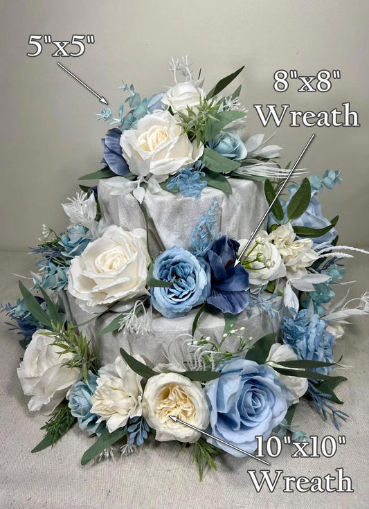 Blue Cake Decor Wedding White Cake Flowers Artificial Dusty Blue Ivory Cake Topper Sky Blue Flowers Eucalyptus White Cake Decor Silk Flowers