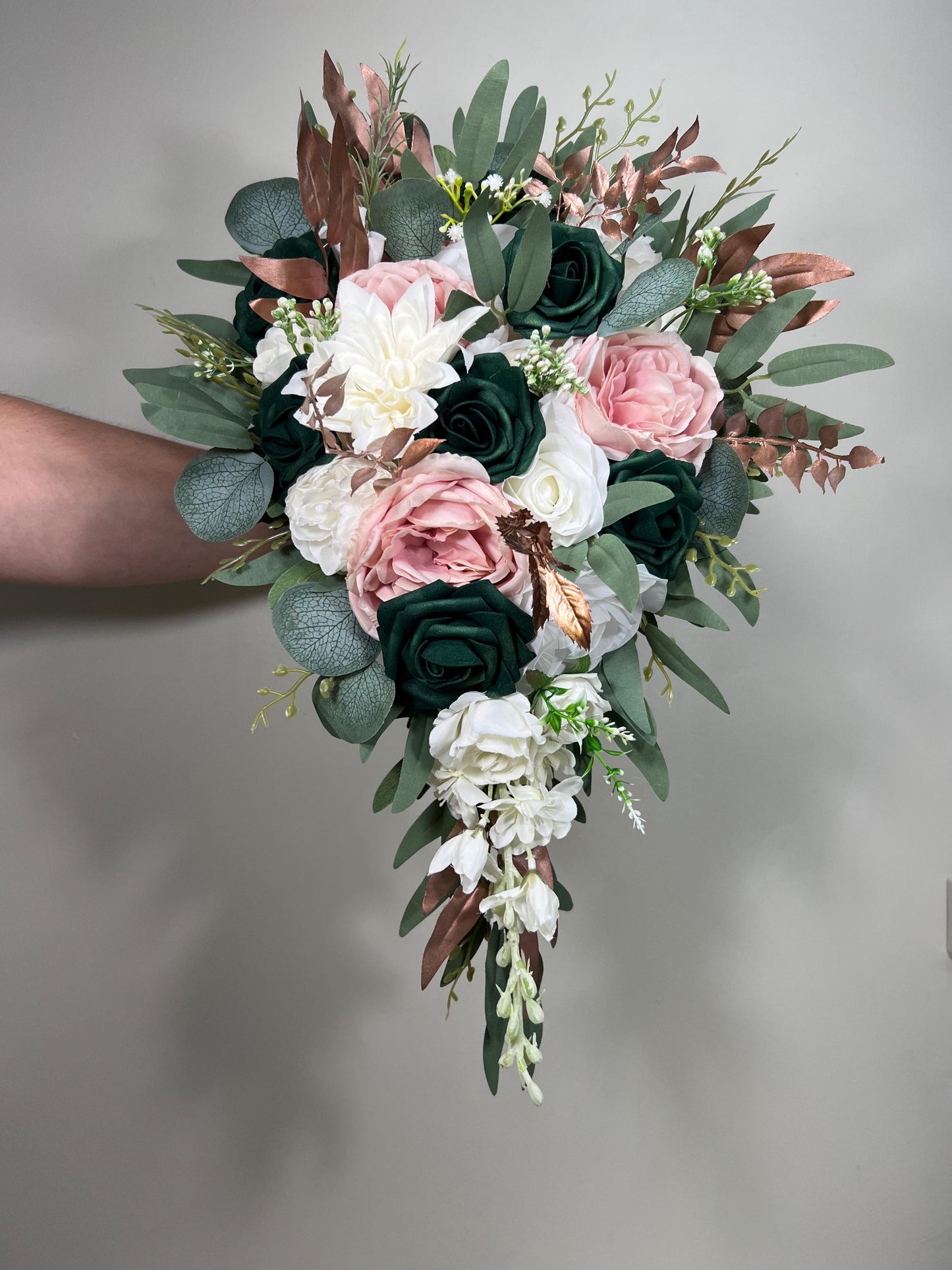 Emerald Green Bouquet Bridal Cascade White Blush Bridesmaids Bouquet Rose Gold Cascading Bouquet Ivory Hunter Green Forest Artiricial Flower