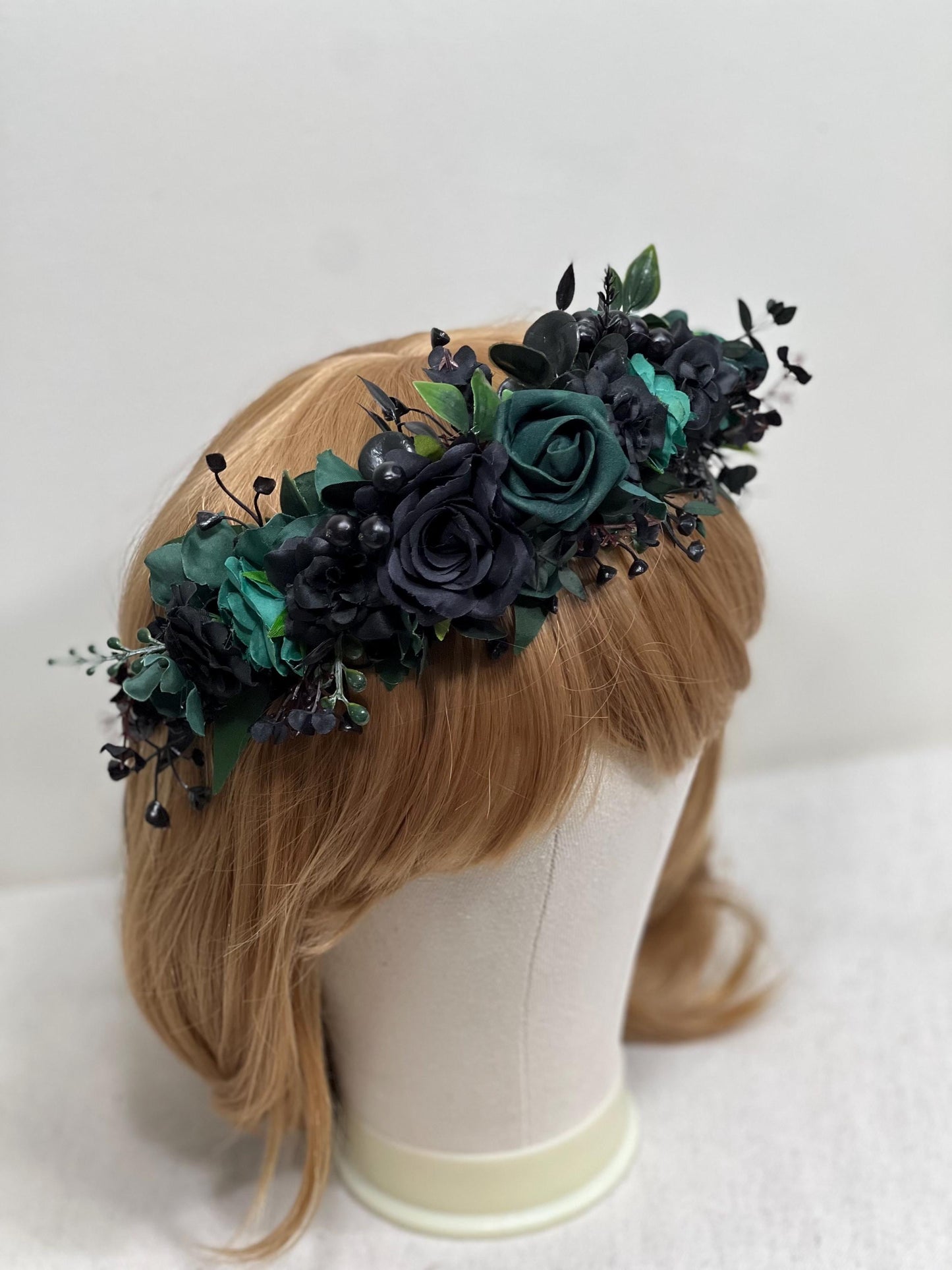 Black Dark Green Flower Crown Wedding Emerald Green Floral HeadBand Gothic Hunter Green Forest Black Flower Girl Crown Artificial Flower
