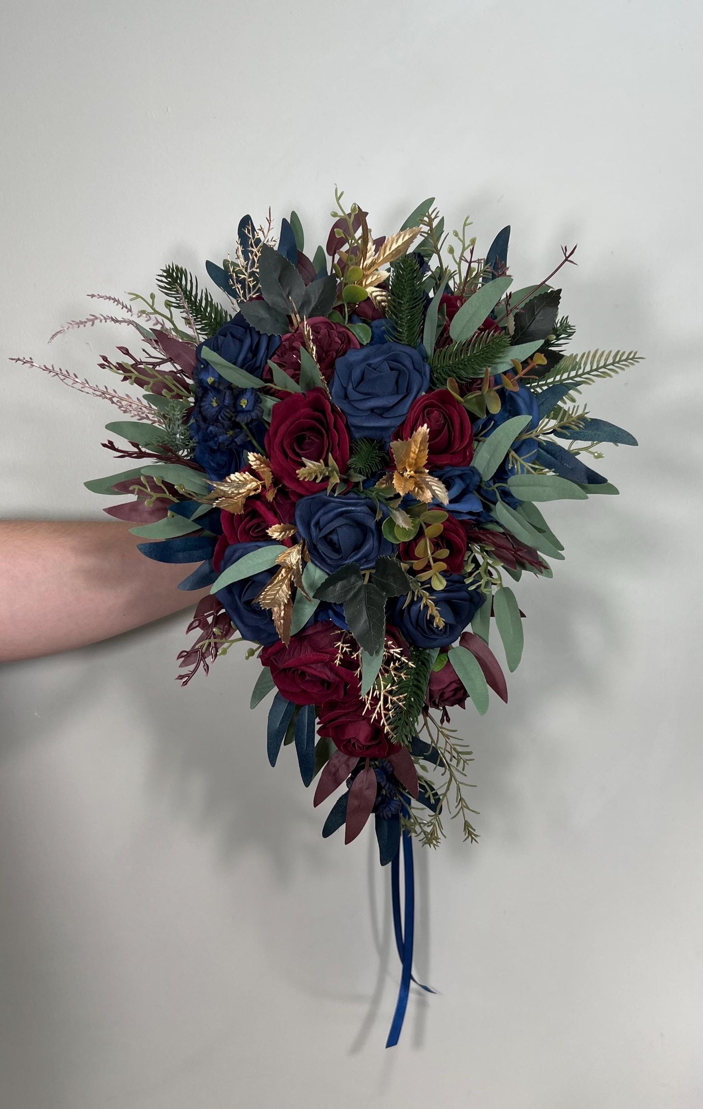 Winter Bouquet Burgundy Navy Blue Wedding Bouquet Bridal Cascading Wine Red Dark Blue Bouquet Cascade Bridesmaids Pine Tree Gold Artificial