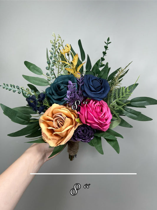 Jewel Tone Bouquet Wedding Bridal Fuchsia Dark Real Navy Blue Bouquet Bridesmaids Marigold Orange Eucalyptus Hot Pink Mustard Plum