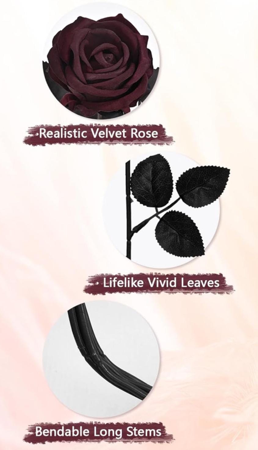 Burgundy Black Roses Artificial Wedding Flower Heads with Stems Dark Burgundy Gotchic Black Roses Wine Red Maroon Craft Supplies DIY Bouquet