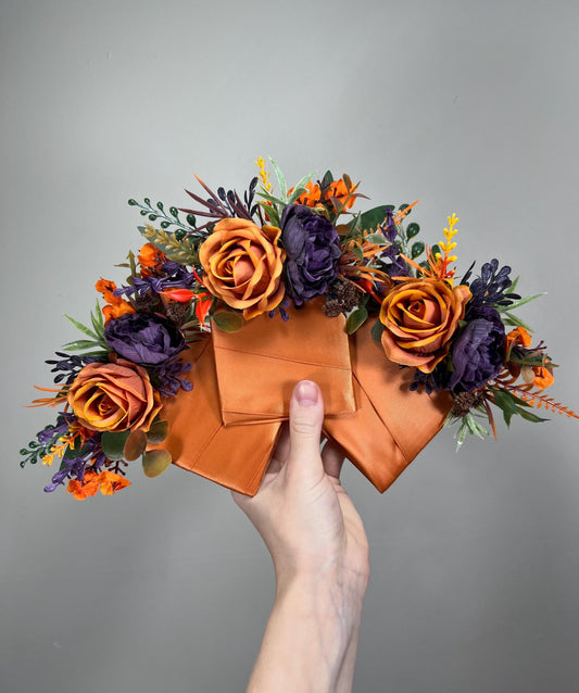 Burnt Orange Purple Bouquet Wedding Fall Plum Bridal Bouquet Terracotta Deep Purple Bouquet Bridesmaids Rust Sunset Artificial Flowers