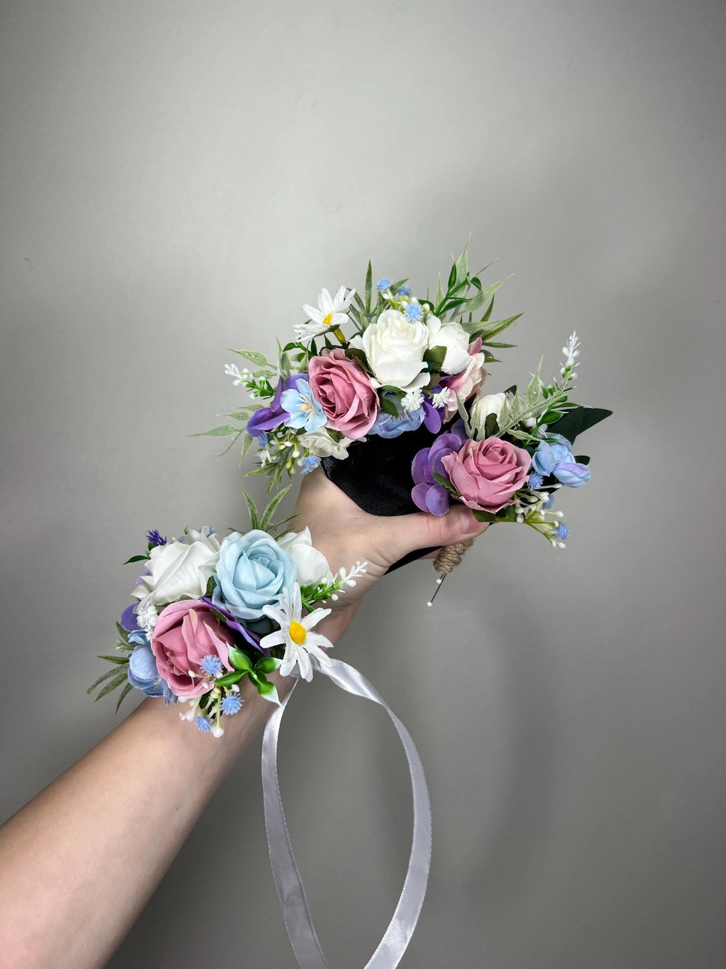 White Blue Pink Corsage Wedding Ivory Baby Blue Dusty Rose Wrist Corsage Bridesmaids Wild Flowers Corsage Purple Rustic Artiricial Flower