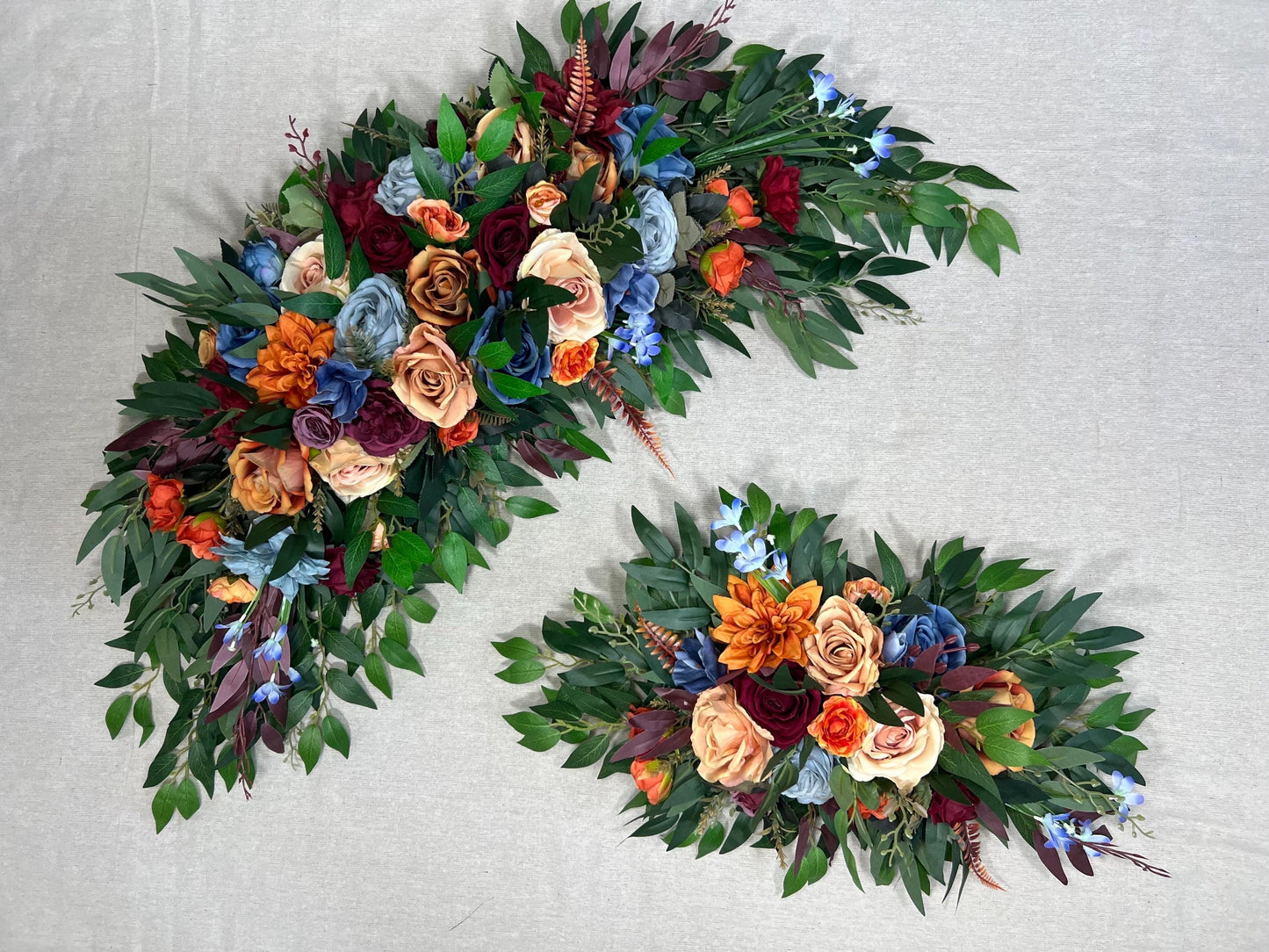 Burgundy Terracotta Arch Arrangement Wedding Rustic Burnt Orange Dusty Blue Arbor Arrangement Flowers Artificial Rust Maroon Eucalyptus