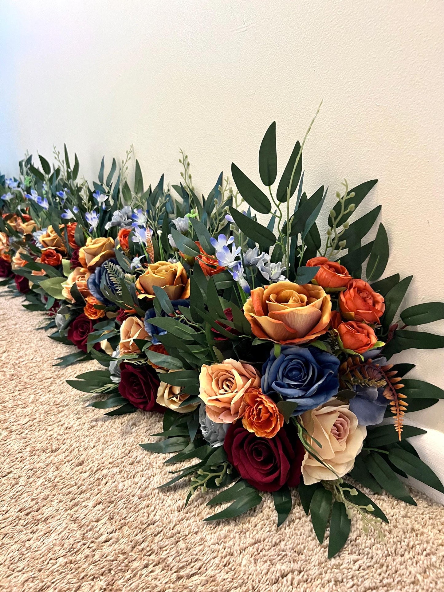 Burgundy Terracotta Aisle Marker Wedding Dusty Blue Burnt Orange Maroon Whiskey Barrel Decor Rust Floor Arrangement Artificial Flowers