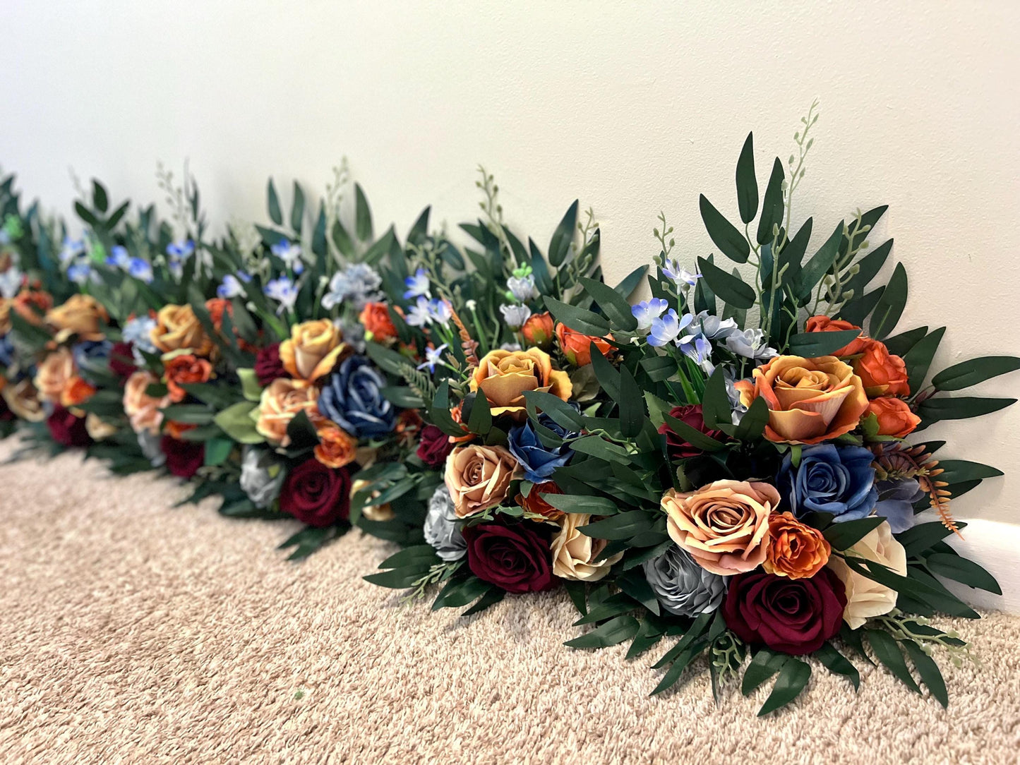 Burgundy Terracotta Aisle Marker Wedding Dusty Blue Burnt Orange Maroon Whiskey Barrel Decor Rust Floor Arrangement Artificial Flowers