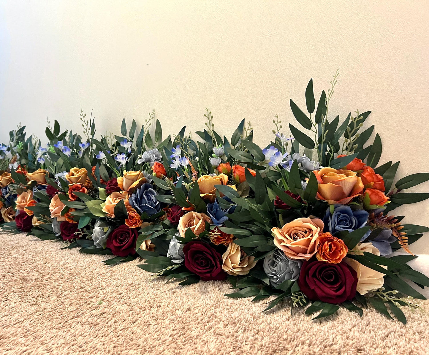 Burgundy Terracotta Aisle Marker Wedding Dusty Blue Burnt Orange Maroon Whiskey Barrel Decor Rust Floor Arrangement Artificial Flowers