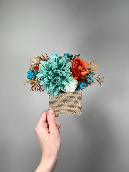 Turquoise Orange Pocket Boutonniere Wedding Terracotta Teal Blue Groom Square Boutonnièere Groomsmen Burnt Orange Rust Artificial Flowers